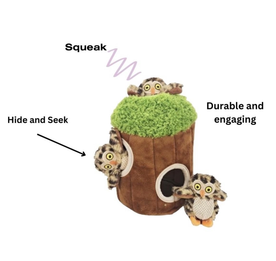 Interactive Hide and Seek Plush Dog Toy with Squeaker - Owl in Tree Design for Small & Medium Dogs | Fun Burrow Game for Indoor Play & Training