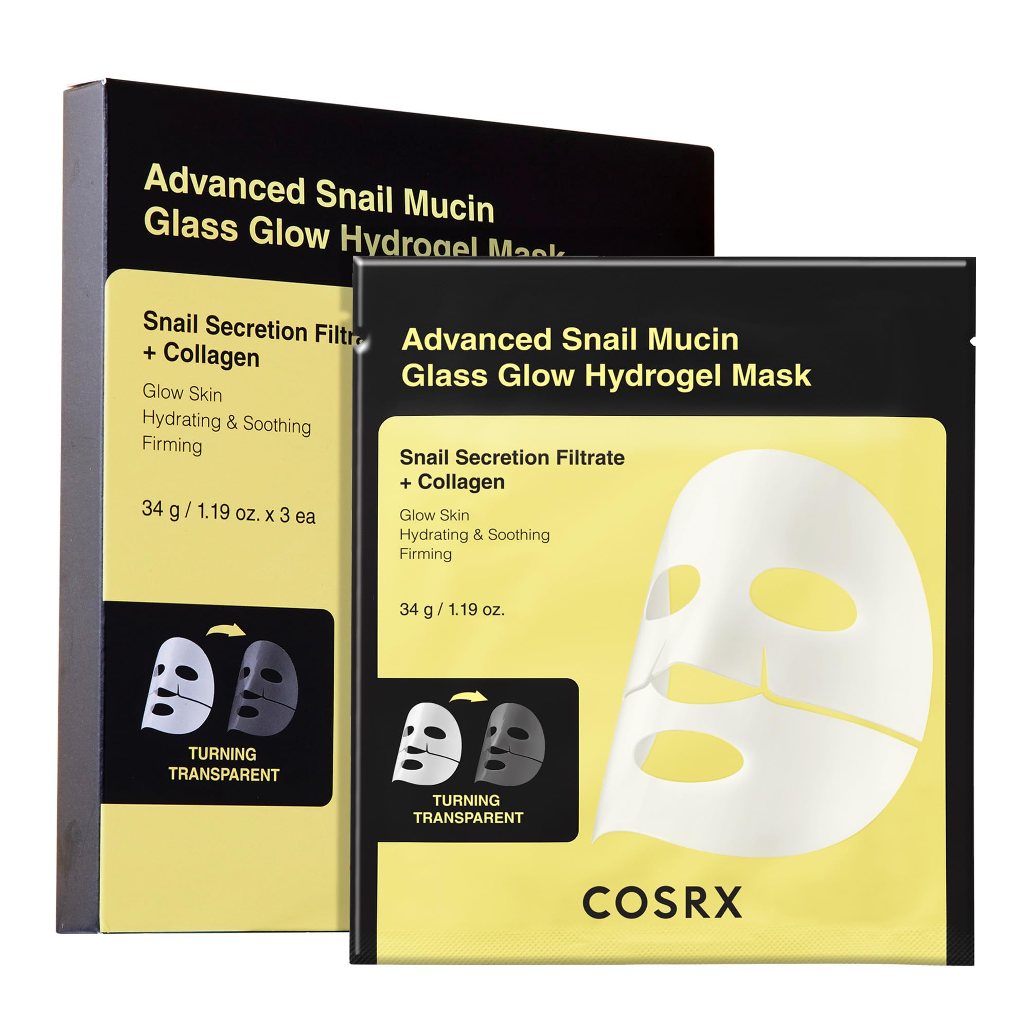 COSRX Advanced Snail Mucin Glass Glow Hydrogel Face Masks 3 Pack - Korean Skincare with Collagen for Hydration & Brightening | Overnight Treatment, Travel-Friendly Skincare Essential for Glowing Skin