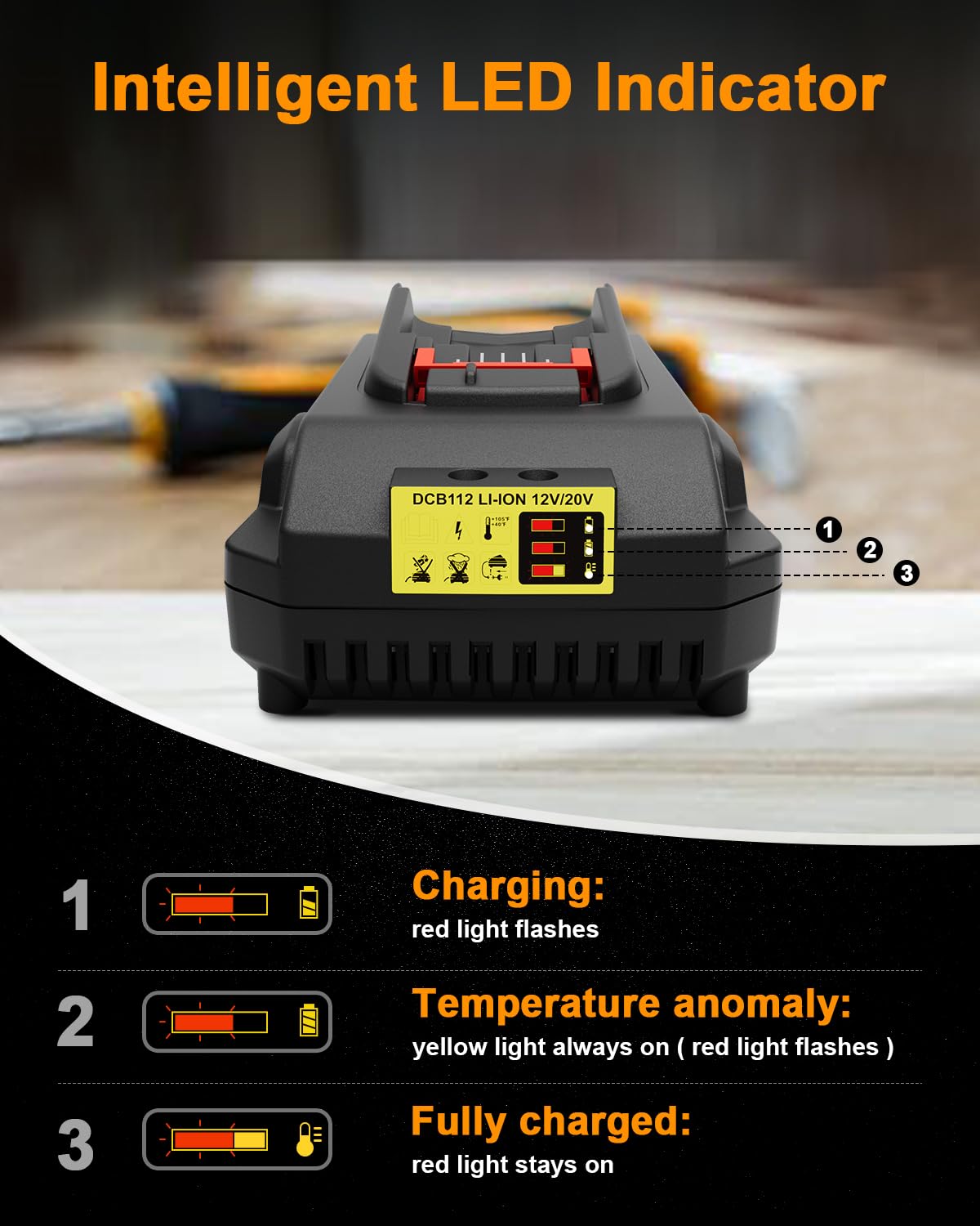 DCB112 20V MAX Battery Charger Replacement for Dewalt DCB112 Charger - Compatible with Dewalt 12V/20V Li-Ion Batteries - Perfect for Power Tools, Drills, and Outdoor Equipment Charging