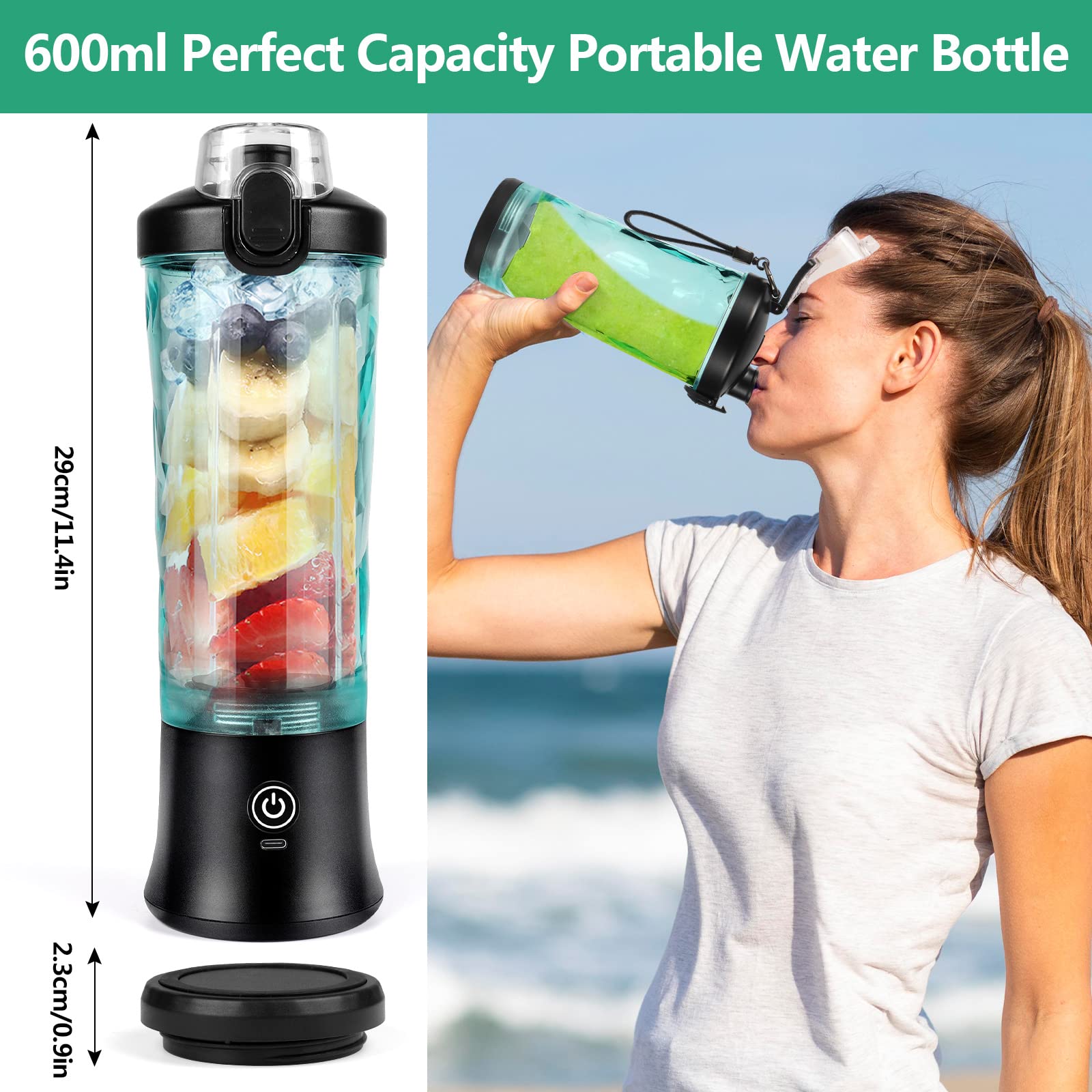 Dreamhigh® Portable Mini Blender - 600ml Travel Blender with 2 Blades, 4000mAh Rechargeable Battery for Smoothies, Shakes & Juices | Perfect for Home, Office, Gym, Camping & Travel | Compact Personal Blender for Healthy Drinks On-The-Go