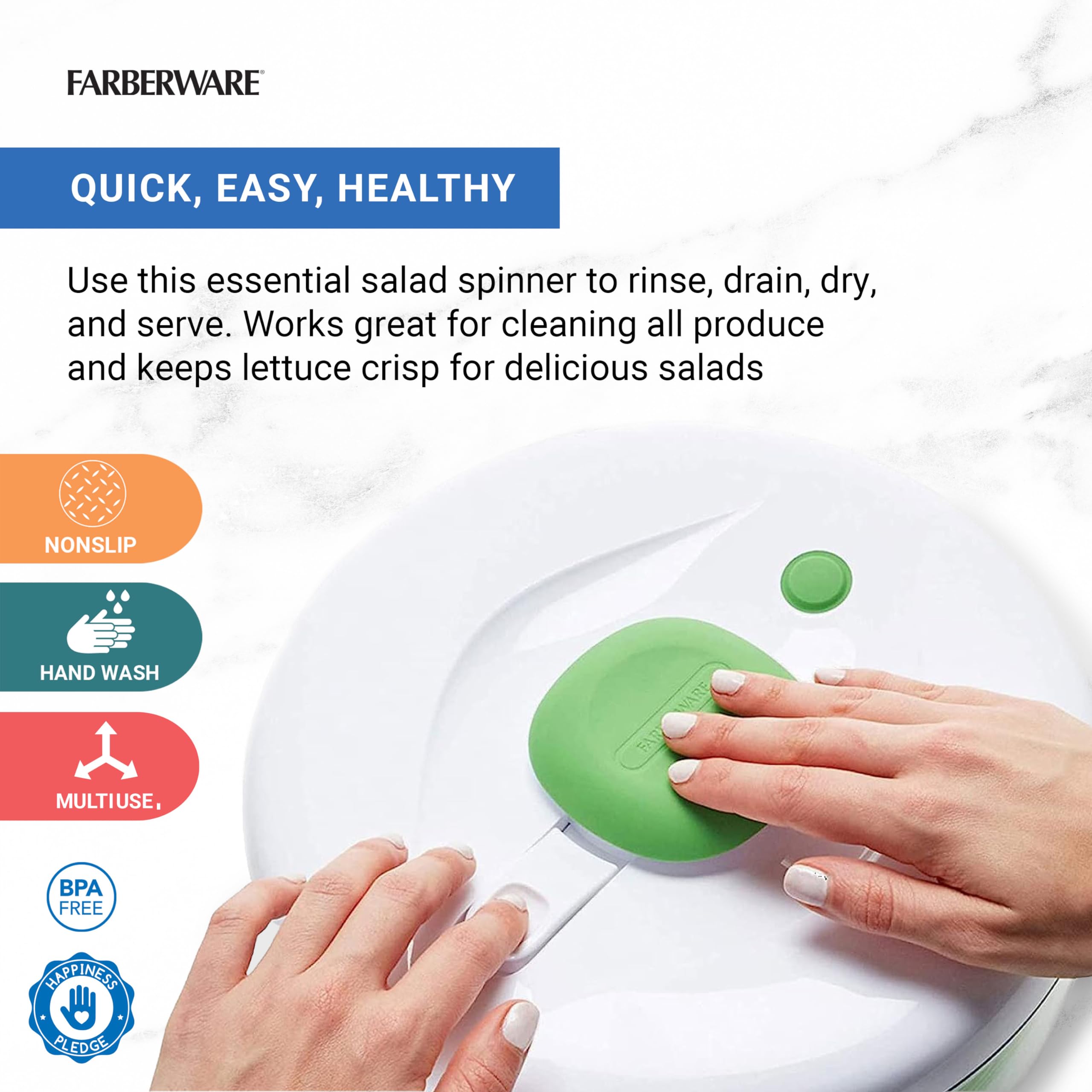 Farberware 6.6 Quart Salad Spinner with Bowl & Colander - Built-in Draining System for Fresh Crisp Vegetables - Perfect for Kitchen, Meal Prep & Healthy Eating - Green