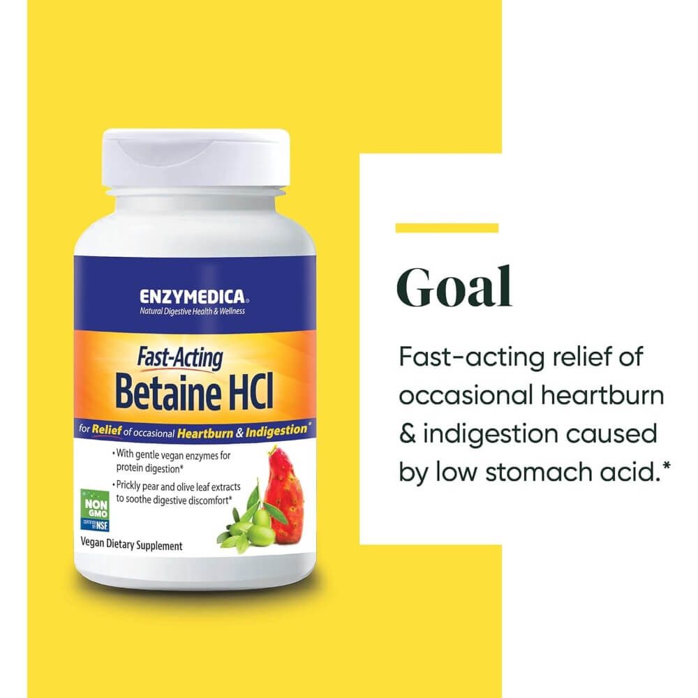 Enzymedica Betaine HCI 600mg Digestive Enzyme Supplement - 60 Capsules for Gut Health & Acid Reflux Relief - Supports Protein Digestion & Nutrient Absorption