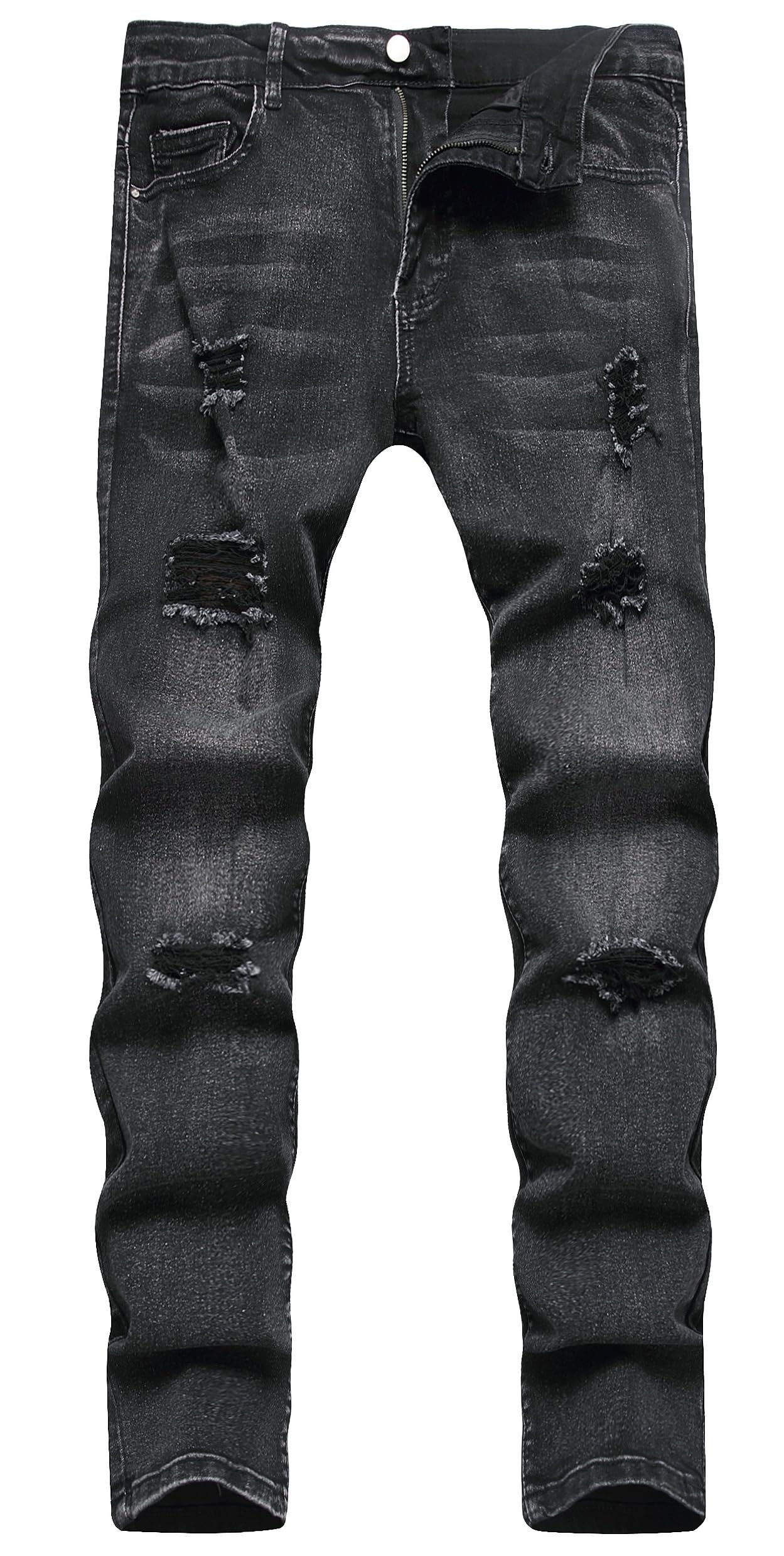 Men's Slim Fit Stretch Jeans - Ripped Distressed Straight Leg Black Denim Pants for Casual Wear & Street Style | Comfortable Everyday Fashion Jeans