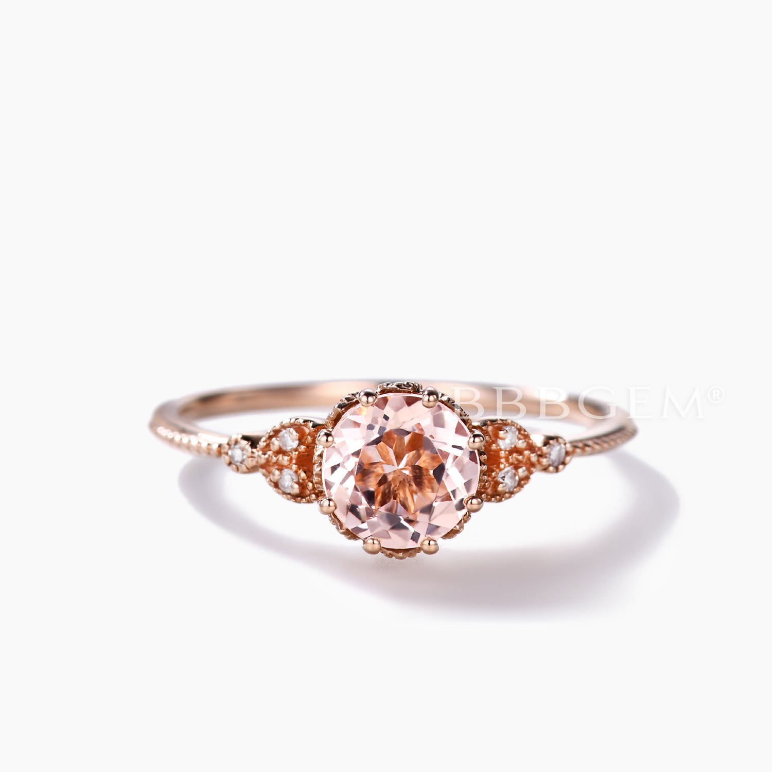 Vintage Style 7mm Round Morganite & Diamond Engagement Ring for Women - Elegant Milgrain Detailing, Perfect Proposal Gift for Her, Anniversary or Special Occasion