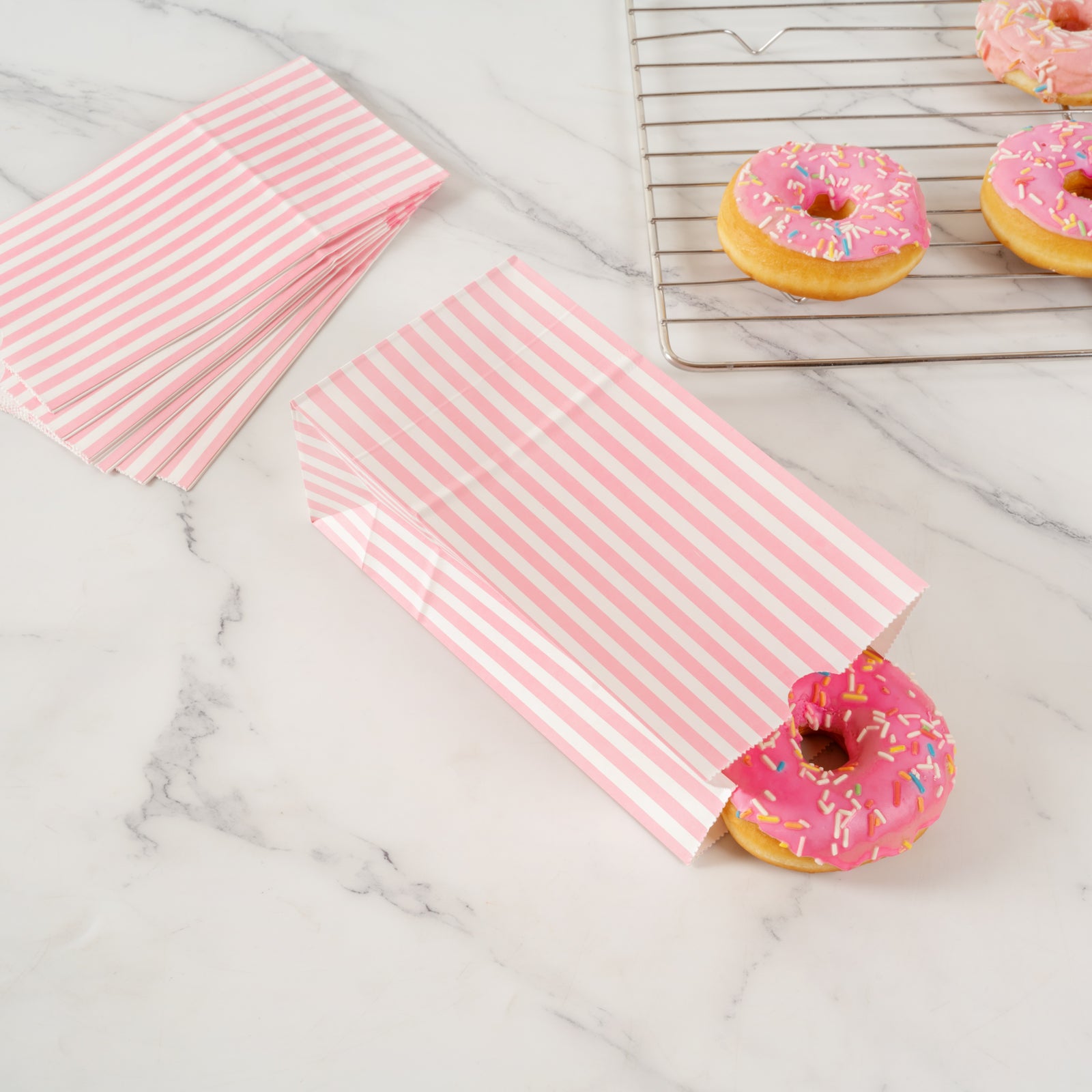 Pink and White Striped Paper Bags - 4 lb Capacity, 5 x 3.25 x 9.5 Inches - Pack of 100 - Perfect for Party Favors, Gift Packaging & Retail Shopping Bags