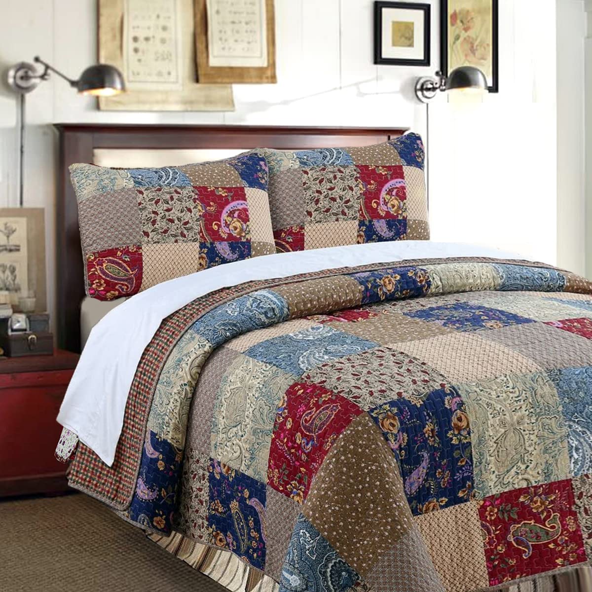 Floral Paisley Print 100% Cotton Reversible Patchwork Quilt Bedding Set - King Size 3-Piece (Sanders Red) | Cozy Line Home Fashions | Perfect for Master Bedroom, Guest Room & Seasonal Decor