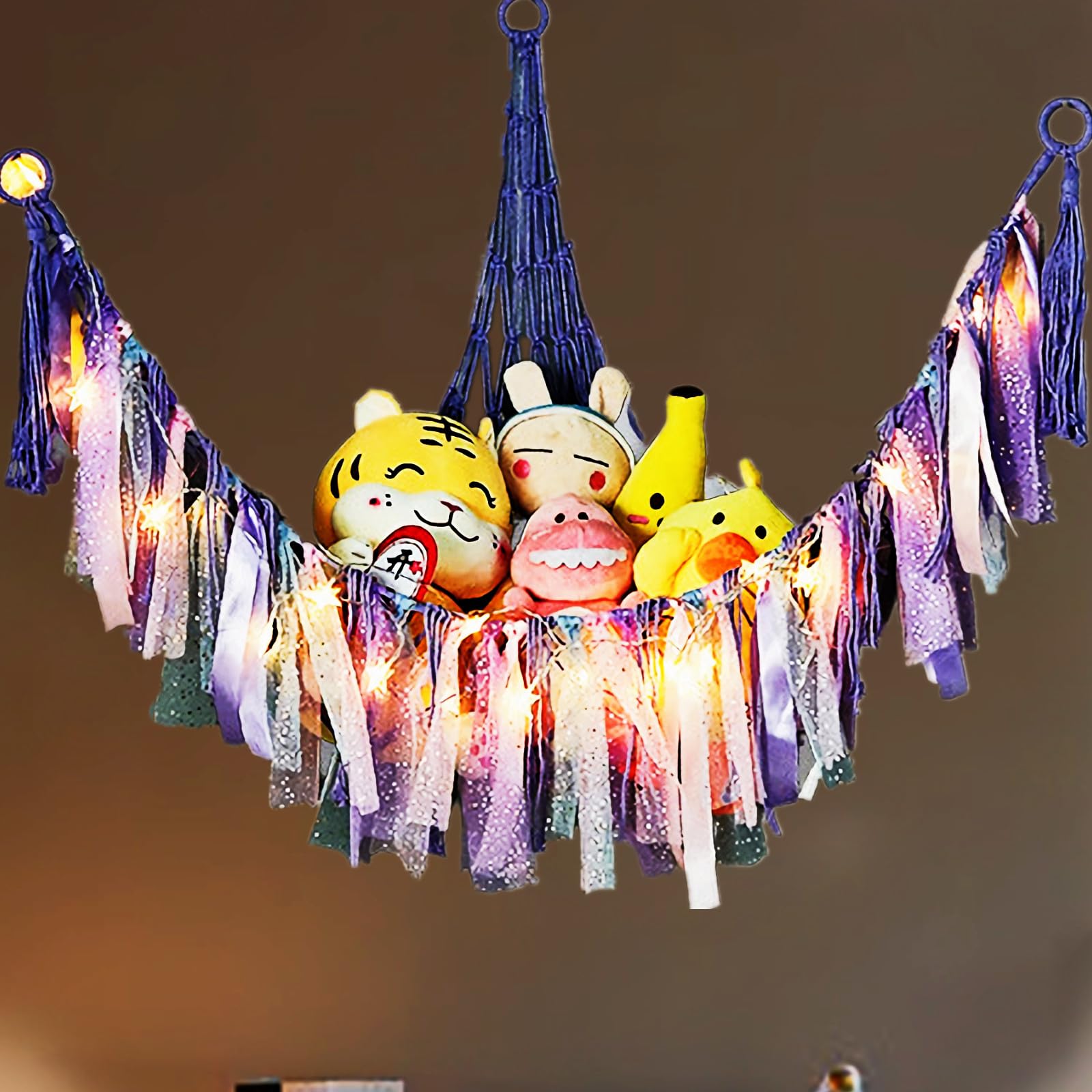 Qivine Hanging Stuffed Animal Storage Net with LED Lights - Large Macrame Plush Toy Hammock for Kids Room & Bedroom Organization - Perfect for Storing Teddy Bears, Dolls & Soft Toys in Nursery or Playroom