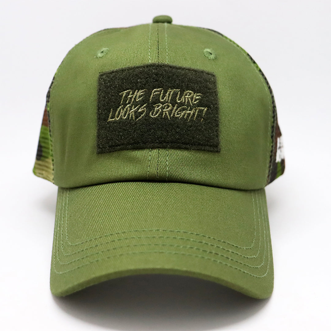 Future Looks Bright Army Green Camo Trucker Snapback Hat - Adjustable Baseball Cap for Outdoor, Casual & Streetwear Style