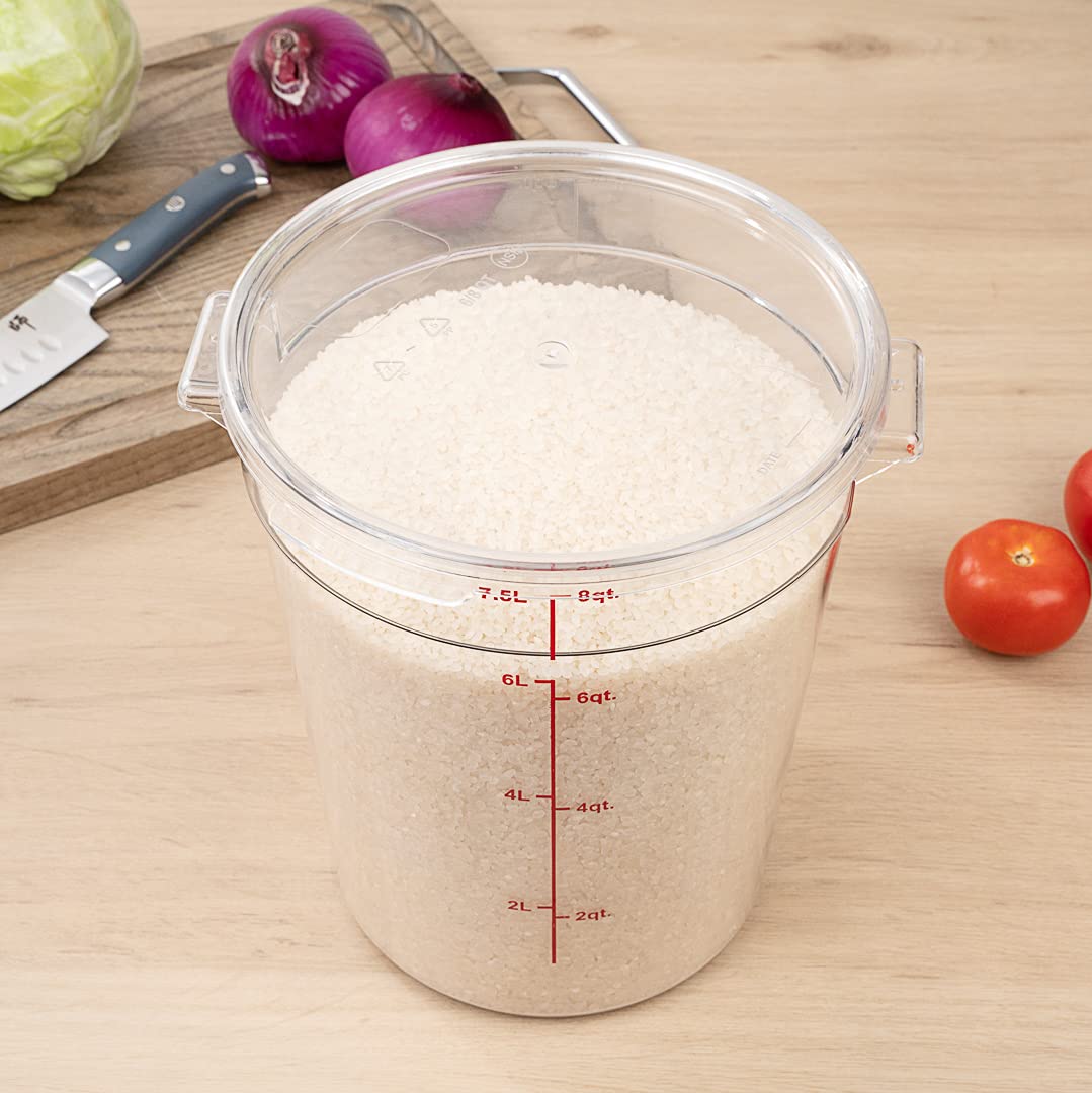 Restaurantware Met Lux 8 Quart (7.6L) Clear Plastic Food Storage Containers - 10-Pack Round Commercial Food Prep Buckets with Volume Markers, Lids Sold Separately | Space-Saving Kitchen Organization for Restaurants, Catering & Bulk Food Storage