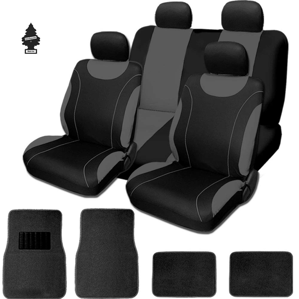Universal Car Seat Covers & Floor Mats Set - Waterproof & Non-Slip Interior Protection for Cars, Trucks, SUVs | Includes Carpet Mats & Padded Headrest Covers (Black/Grey) + Free Air Freshener | Perfect for Family Road Trips, Pet Owners & Daily Commute