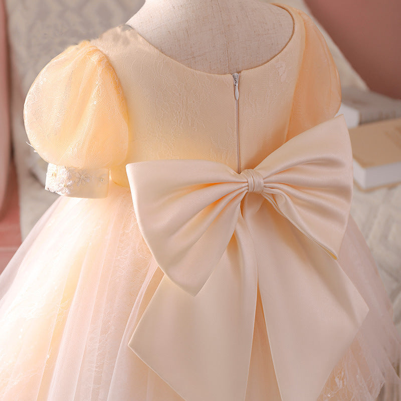 Elegant Champagne Princess Flower Girl Dress with Lace & Sequins - Perfect for Weddings, Baptisms & Special Occasions