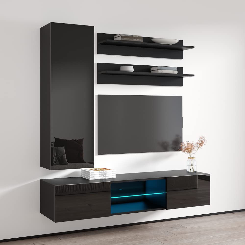 Modern Wall-Mounted TV Stand with Storage Shelves & LED Lights - Floating Entertainment Center Console for Living Room & Bedroom - Black H1 33TV Stand - Perfect for Small Spaces, Apartments, and Home Theater Setups