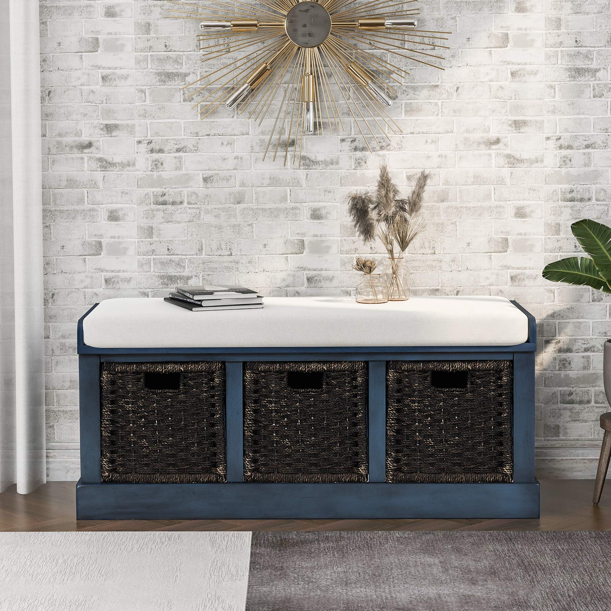 Merax Rustic Entryway Storage Bench with 3 Removable Baskets & Cushion - Shoe Organizer Bench for Hallway, Living Room - Antique Navy - Perfect for Small Space Organization & Entryway Decor
