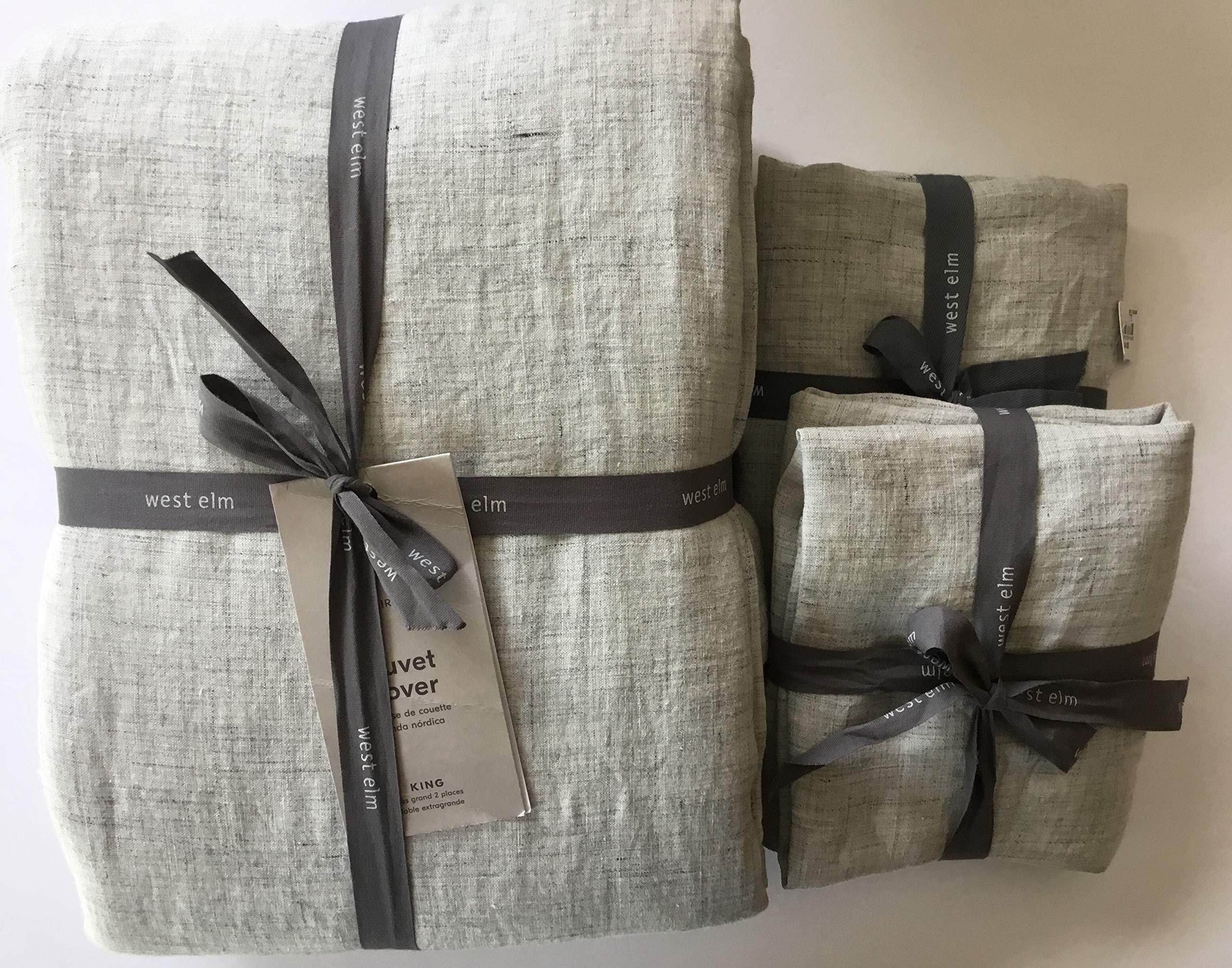 West Elm Belgian Flax Linen Fiber Dyed Duvet Cover King Size with 2 Euro Shams in Frost Gray - Luxury Breathable Bedding Set for Master Bedroom & Guest Room