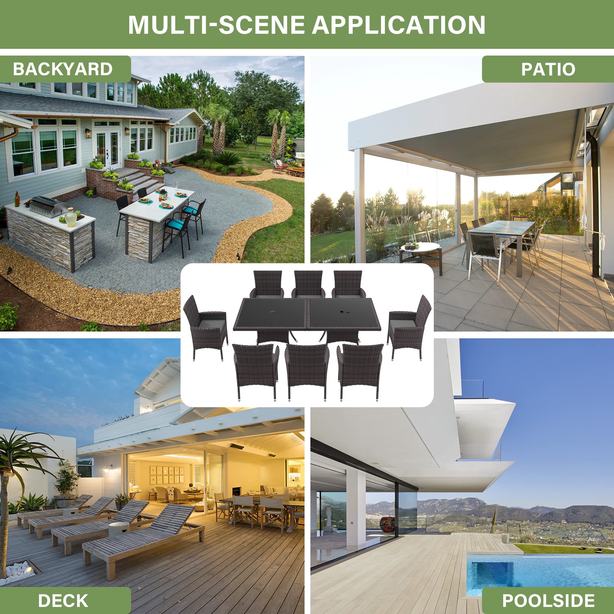 10-Piece All-Weather Wicker Patio Dining Set with Tempered Glass Tabletop & Removable Cushions - Outdoor Furniture for Backyard, Garden, Poolside - Includes Umbrella Hole (Grey) | Perfect for Outdoor Entertaining, Family Gatherings & Relaxing in Your Garden