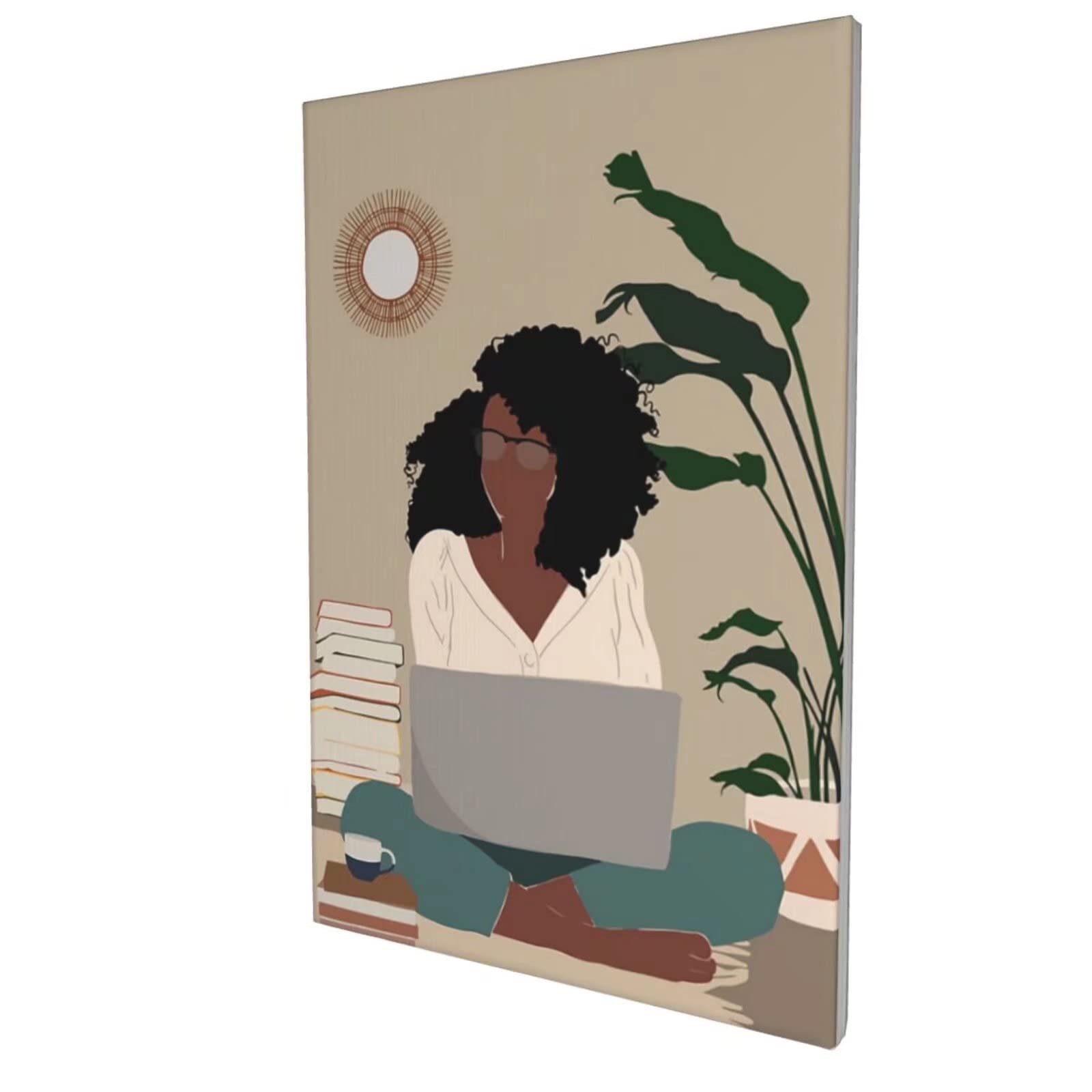 Black Girl at Work Abstract Canvas Wall Art - 12x16 Inch Office & Home Decor, Boho Style Painting for Living Room, Bedroom, or Workspace | Perfect Gift for Women & Inspirational Wall Hangings