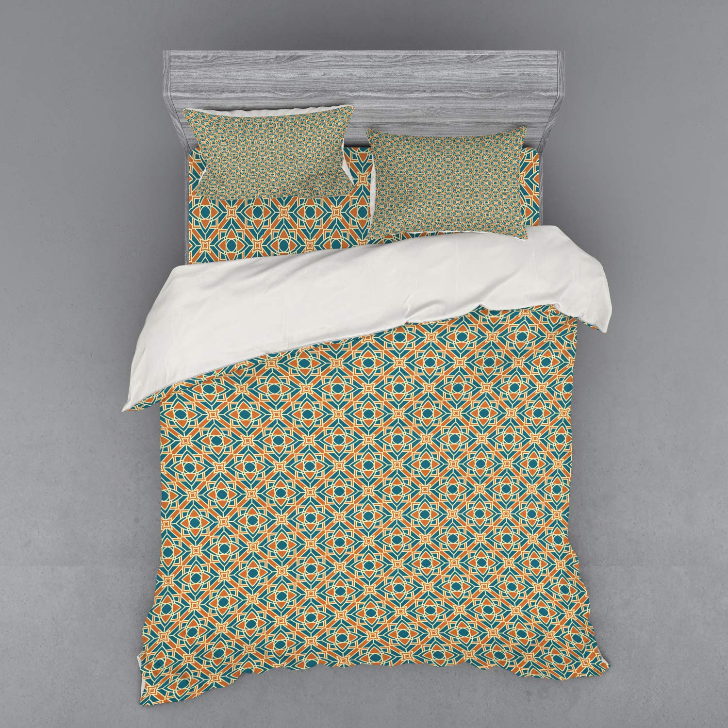 Ambesonne Floral Duvet Cover Set - Queen Size 4-Piece Bedding with Shams & Fitted Sheet, Petrol Blue & Orange Botanical Design for Modern Bedroom Decor | Perfect for Master Bedroom, Guest Room & Dorm