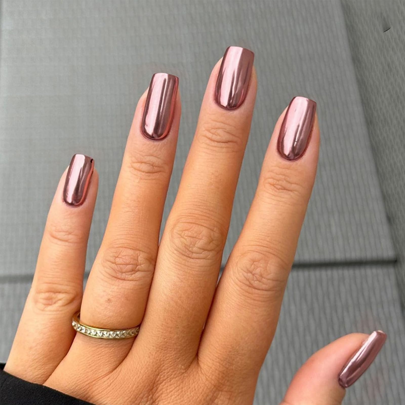 Chrome Press on Nails - Medium Square Fake Nails with Glossy Brown Designs - 24Pcs Full Cover Acrylic Stick on Nails for Women - Perfect for Parties, Weddings & Daily Nail Decorations