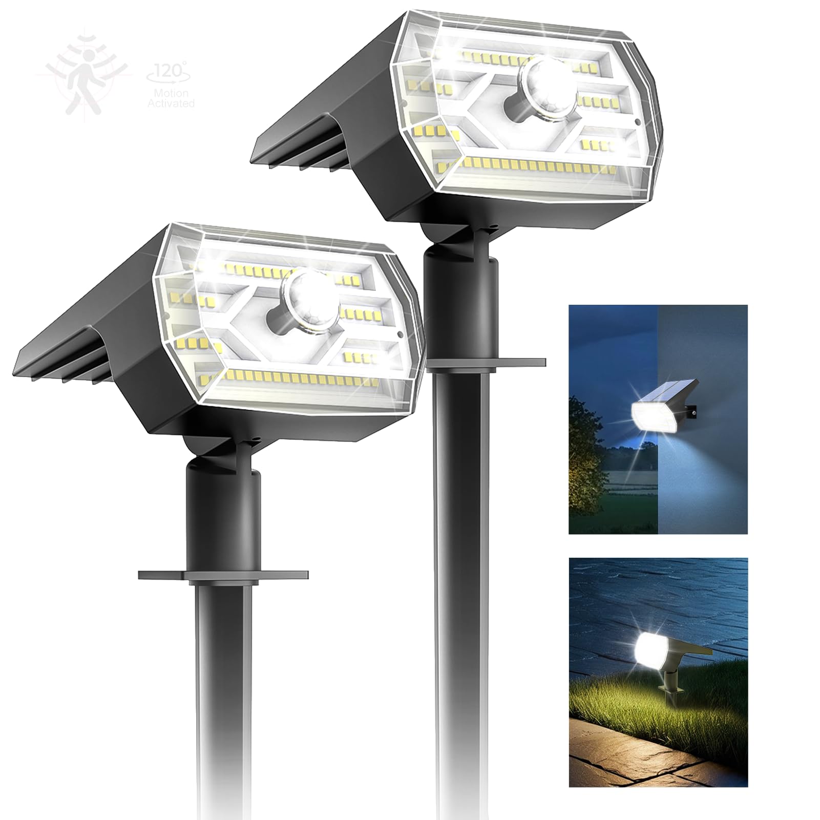60 LED Solar Spot Lights Outdoor 2 Pack - IP67 Waterproof Solar Motion Sensor Lights with 3 Modes & Optical Lenses - Auto On/Off Solar Security Lights for Yard, Garden, Lawn, Pathway, Deck & Patio Lighting