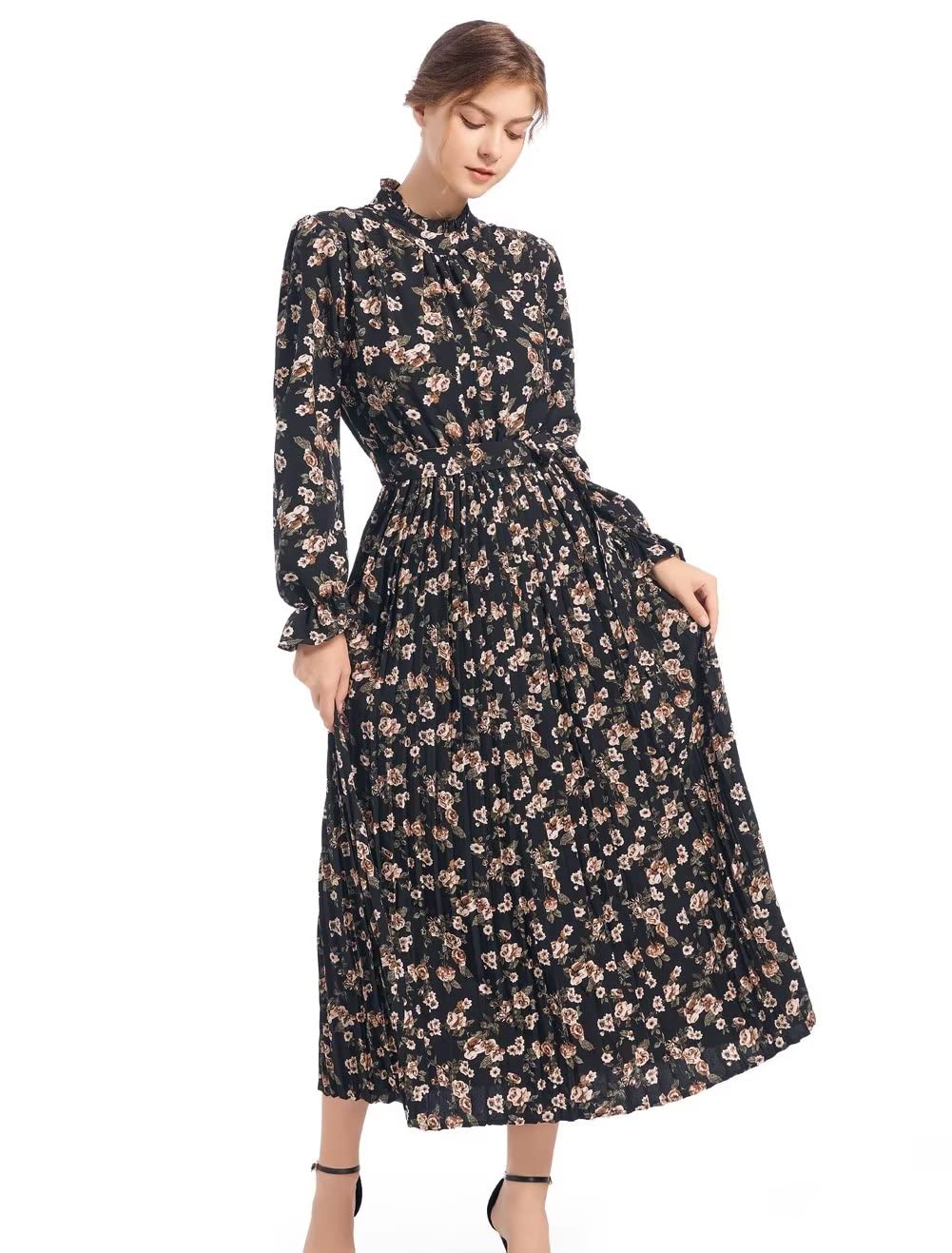 HAOKEKE Women's Floral Print Long Sleeve A-Line Dress - Round Neck Flowy Midi Dress for Spring & Summer | Perfect for Office, Date Night & Garden Parties