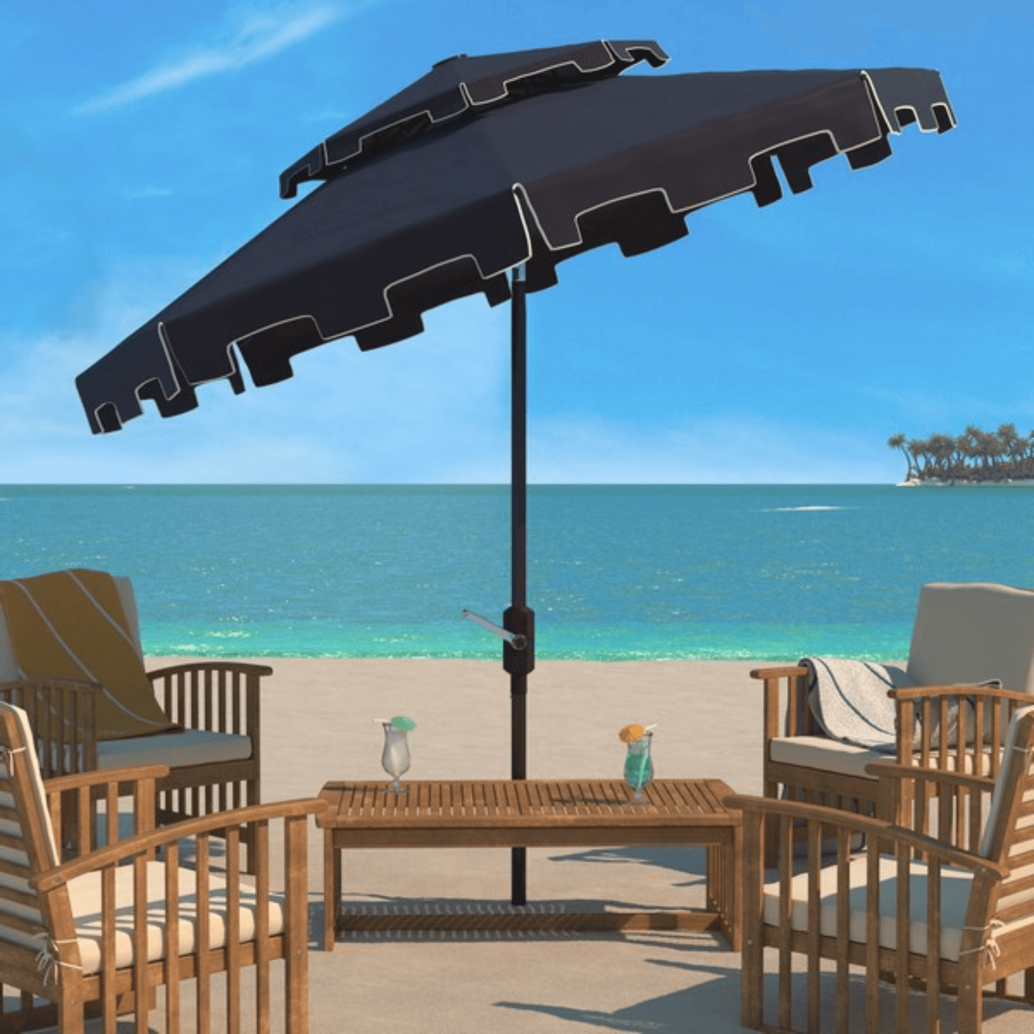 9ft Double Top Greek Key Market Umbrella in Navy - Outdoor Patio, Garden, Poolside, and Beach Umbrella for Sun Protection and Stylish Shade
