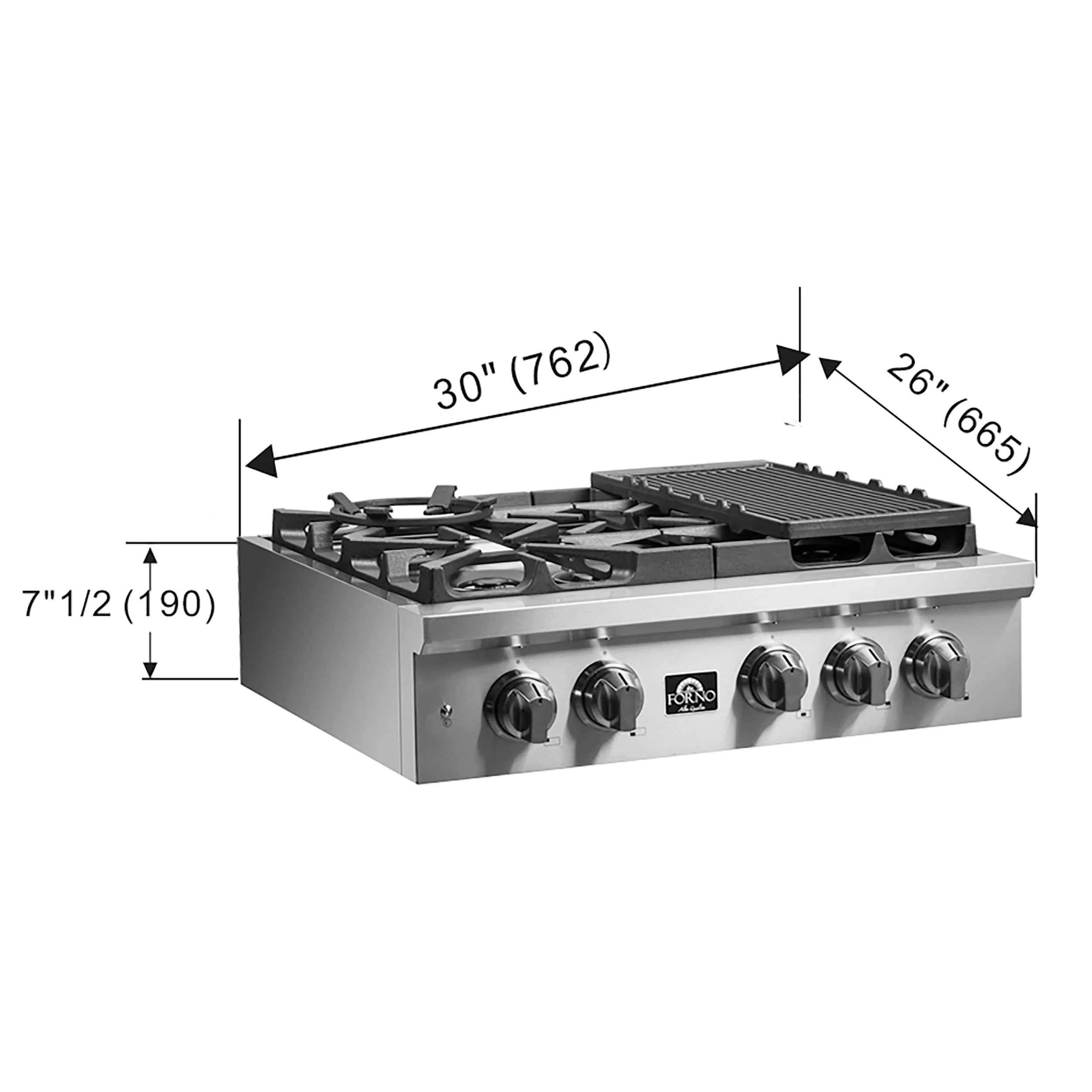 Forno Spezia 30 Inch 5 Burner Stainless Steel Gas Cooktop with Wok Ring & Griddle - Model FCTGS5751 | Perfect for Home Kitchens, Restaurants & Outdoor Cooking