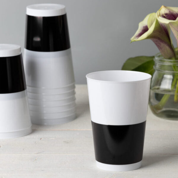 12 Oz White & Black Hard Plastic Round Party Cups - 10 Pack Bulk Disposable Cups for Parties, Picnics, BBQs & Outdoor Events