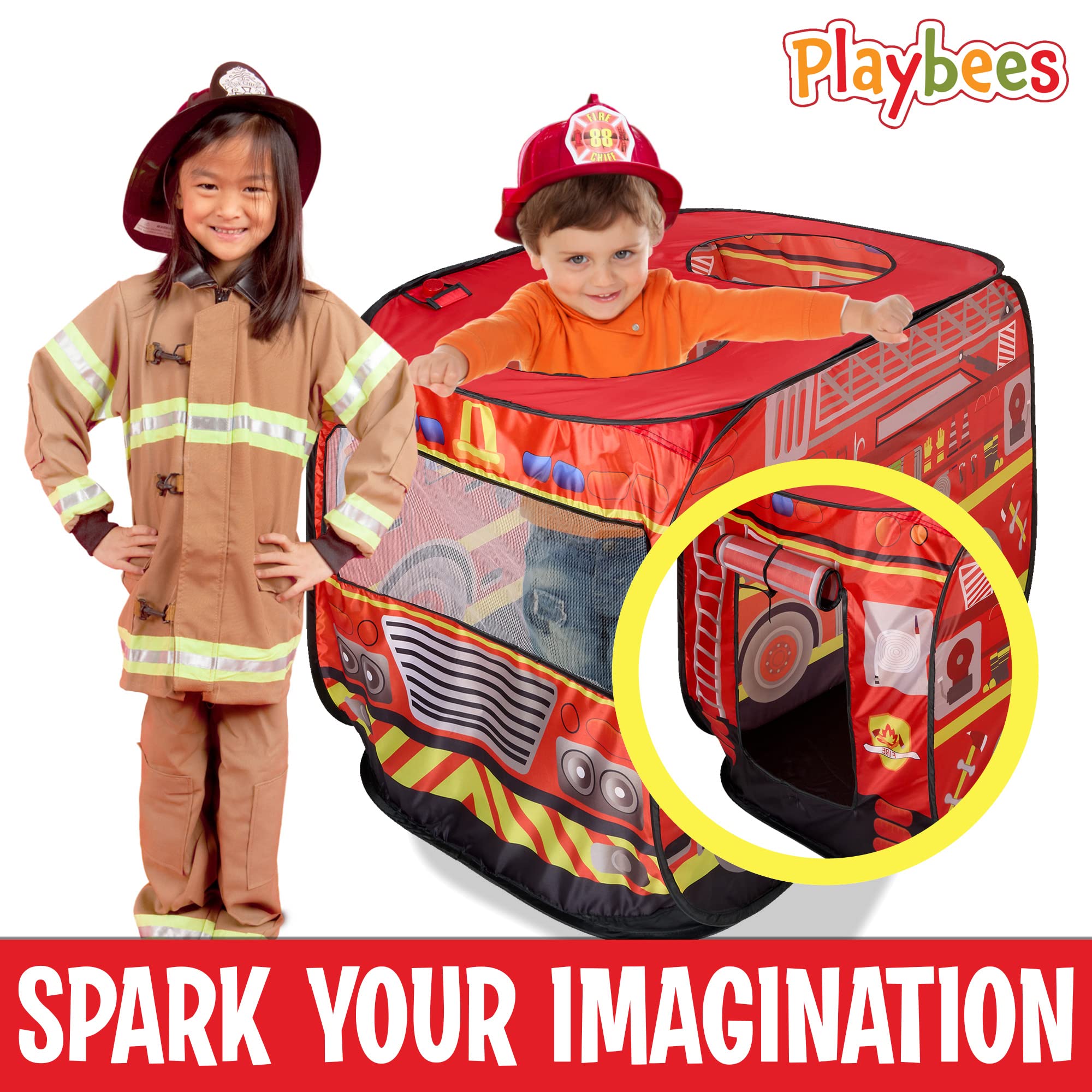 Musical Fire Truck Pop-Up Play Tent with 3 Openings - Firefighter Role Play Tent with Sirens & Fireman Sounds - Indoor & Outdoor Kids Playhouse Toy - Red Fire Engine Vehicle for Pretend Play - Perfect Gift for Birthday, Christmas & Preschool Learning (Great for Imaginative Play, Parties & Daycare Activities)