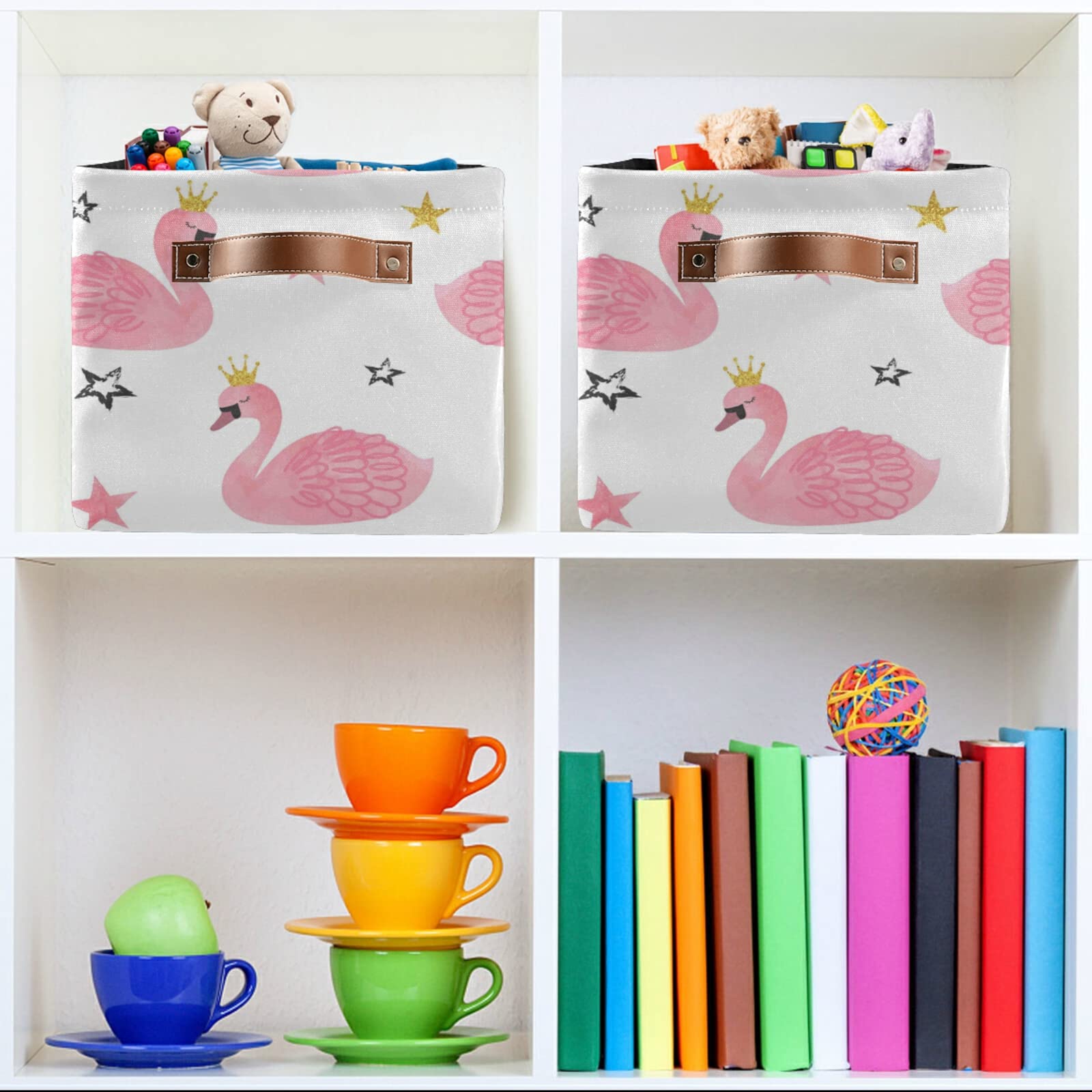Elegant Swan Princess Crown Storage Basket - Large Collapsible Organizer Bin with PU Handles for Nursery, Closet & Laundry (1 Pack) | Perfect for Kids' Room Decor, Toy Storage & Home Organization