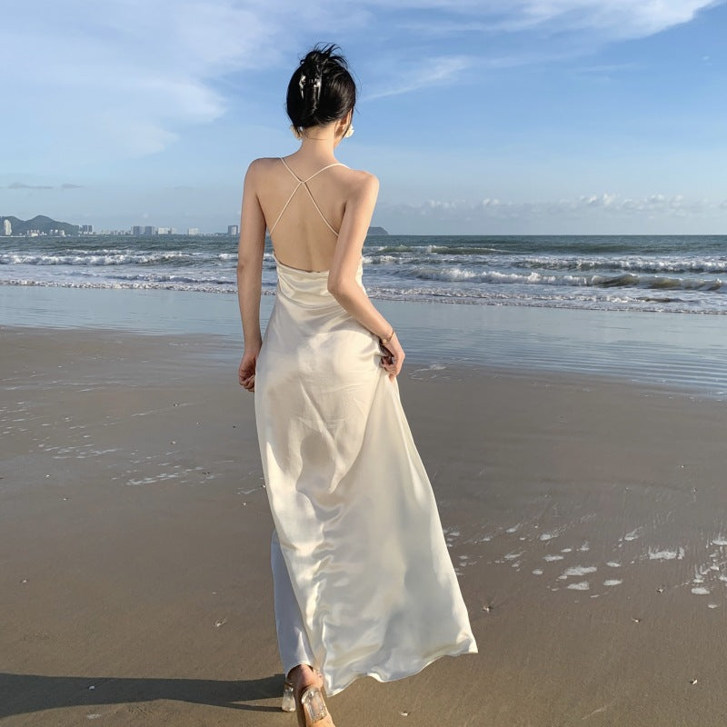 Elegant Backless White Satin Long Evening Gown - Formal Prom Dress for Women | Perfect for Homecoming, Wedding Guest & Special Occasions