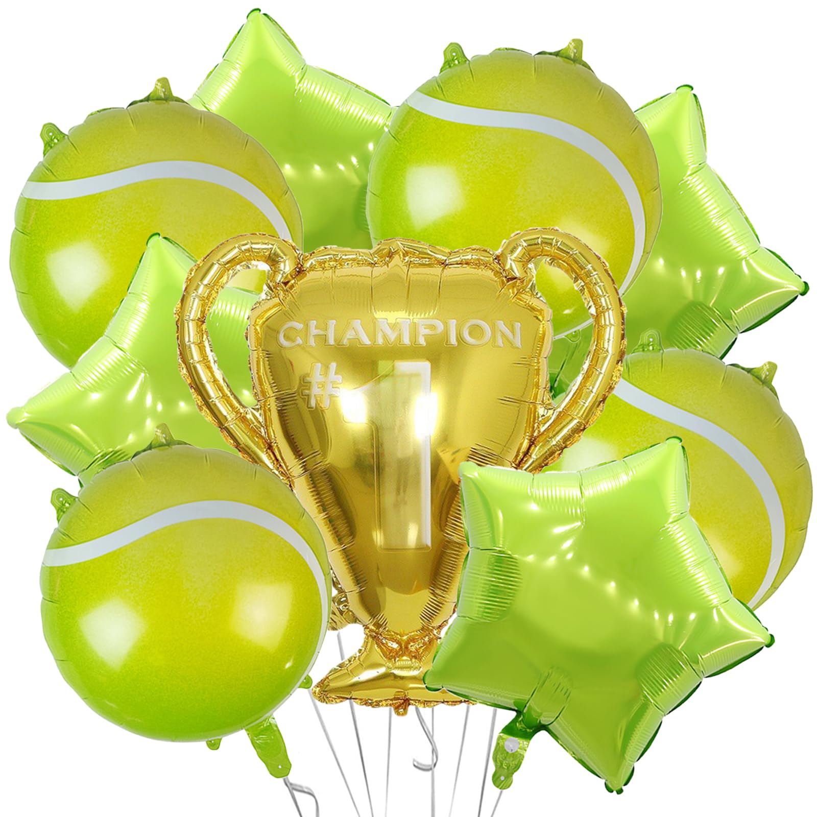 9Pcs Tennis Party Balloon Decorations Set - Tennis Ball & Golden Trophy Foil Balloons, Green Star Mylar Balloons for Sports Themed Parties - Perfect for Men, Women & Kids Birthday, Graduation & Championship Celebrations