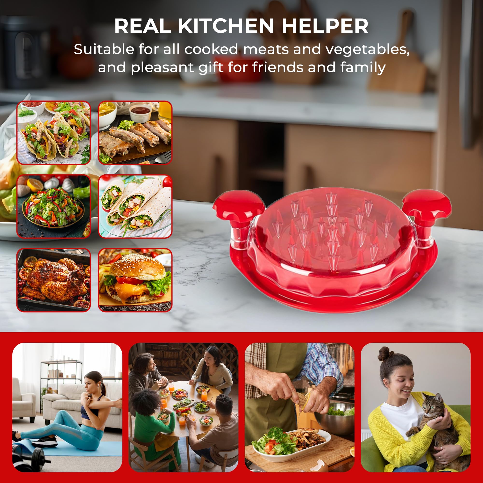 Premium Chicken Shredder Tool - BPA Free Meat Shredder with Anti-Slip Grip & Ergonomic Handle | Dishwasher Safe Kitchen Accessory for Pork, Beef, Chicken | Perfect for Meal Prep, BBQ, Tacos & Pulled Meat (Red)