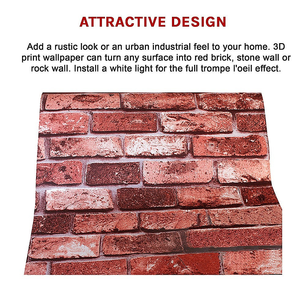 10m 3D Red Brick Print Wallpaper for Home Decor - Peel and Stick Self-Adhesive Wallpaper for Living Room, Bedroom, Kitchen, Office (Easy to Install & Remove)