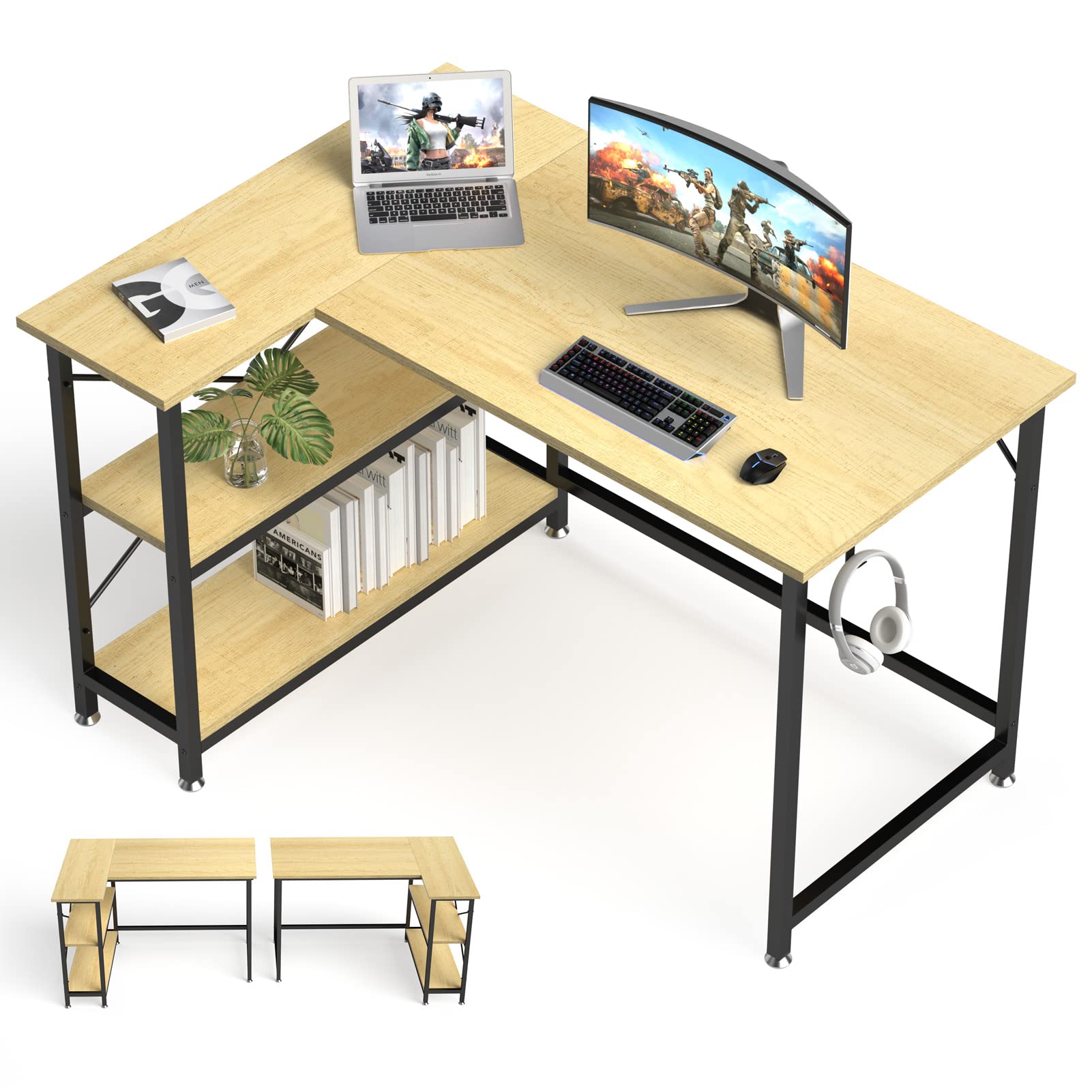SunyesYo 47-inch L-Shaped Computer Desk - Small Home Office & Gaming Desk with Storage Shelves, Study Writing Corner Workstation, Reversible Sturdy PC Desk (Beige Oak) - Perfect for Compact Spaces, Home Offices & Gaming Setups