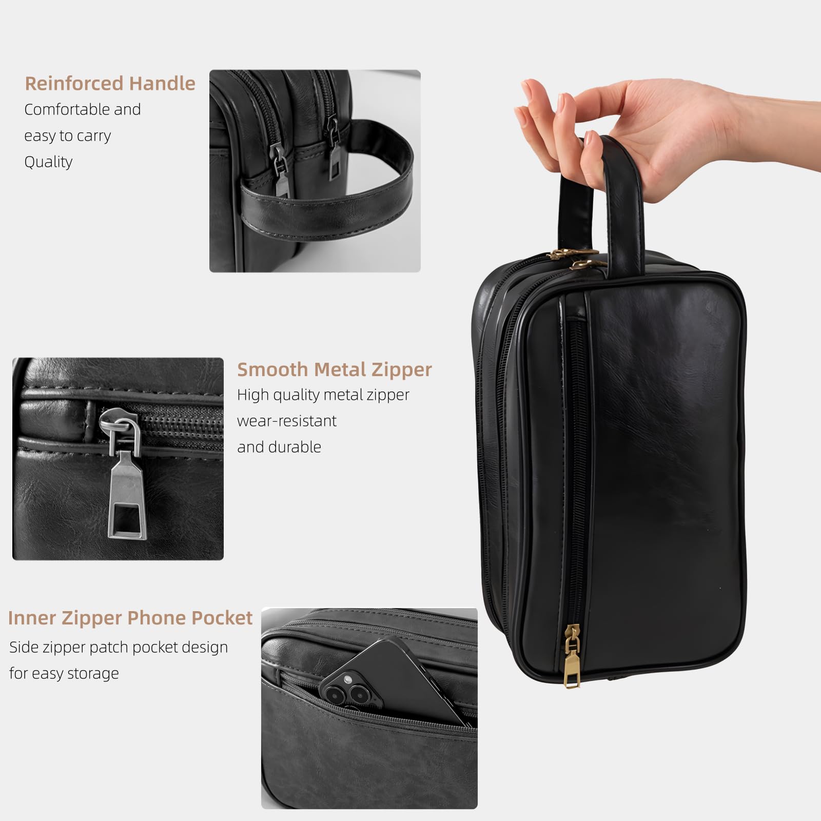 Premium PU Leather Toiletry Bag for Men - Large Water-Resistant Travel Organizer with Portable Handle - Perfect for Shaving Kits, Cosmetic Storage & Door Room Essentials (Black) - Ideal for Business Trips, Gym Visits & Weekend Getaways
