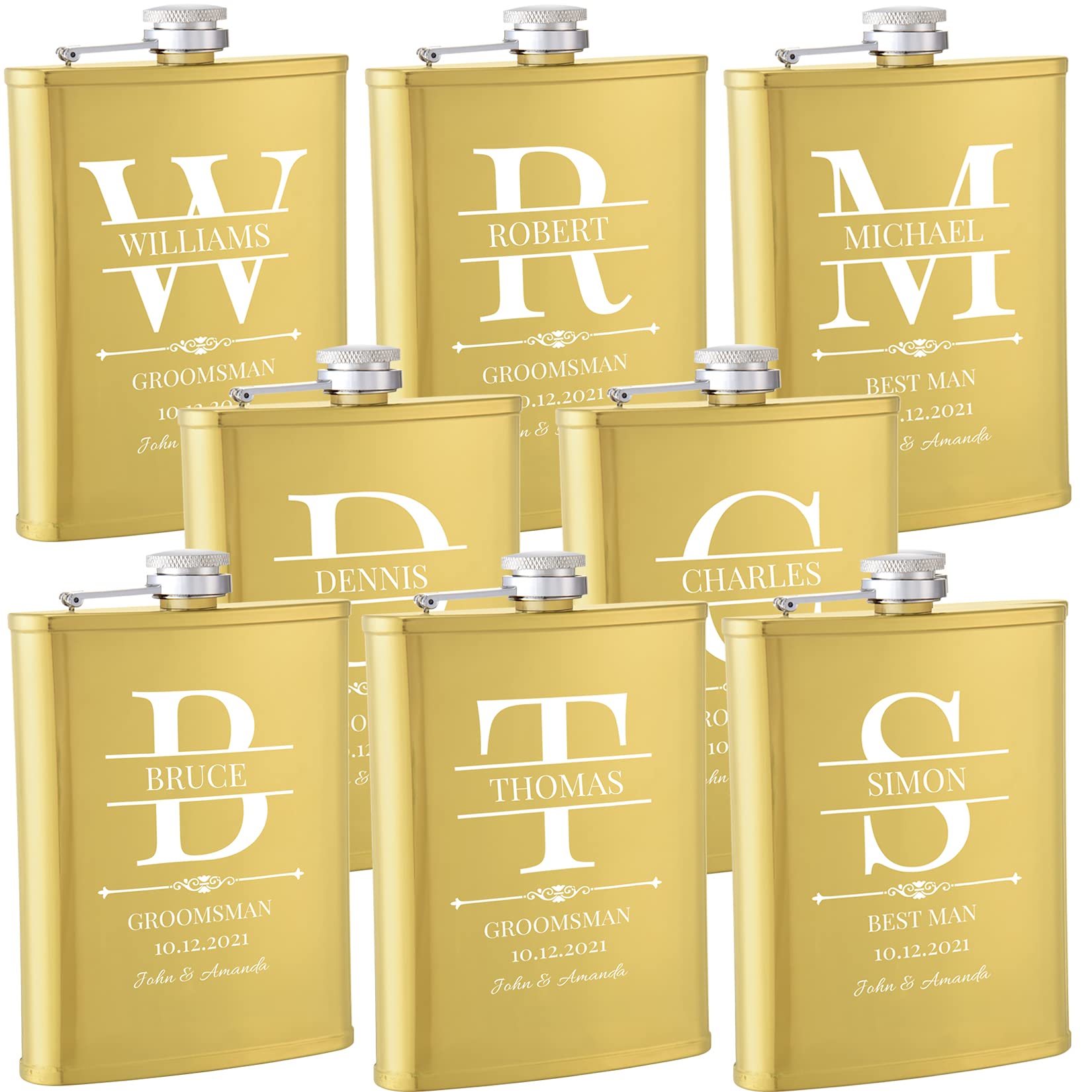 Personalized Stainless Steel Groomsmen Flasks Set of 8 - Custom Engraved 304 Whiskey Flasks for Wedding Party, Best Man, Groom & Father of the Bride - Perfect for Bachelor Parties, Weddings & Anniversary Gifts (Gold)