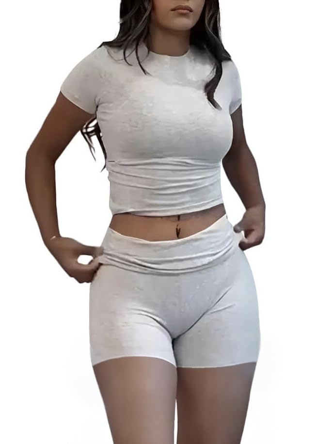 AYWA Women's 2 Piece Outfit - Summer Slim Fit Short Sleeve Top & Foldover Shorts Lounge Set | Casual Wear, Yoga, Beach, Vacation, Home Comfort Outfits