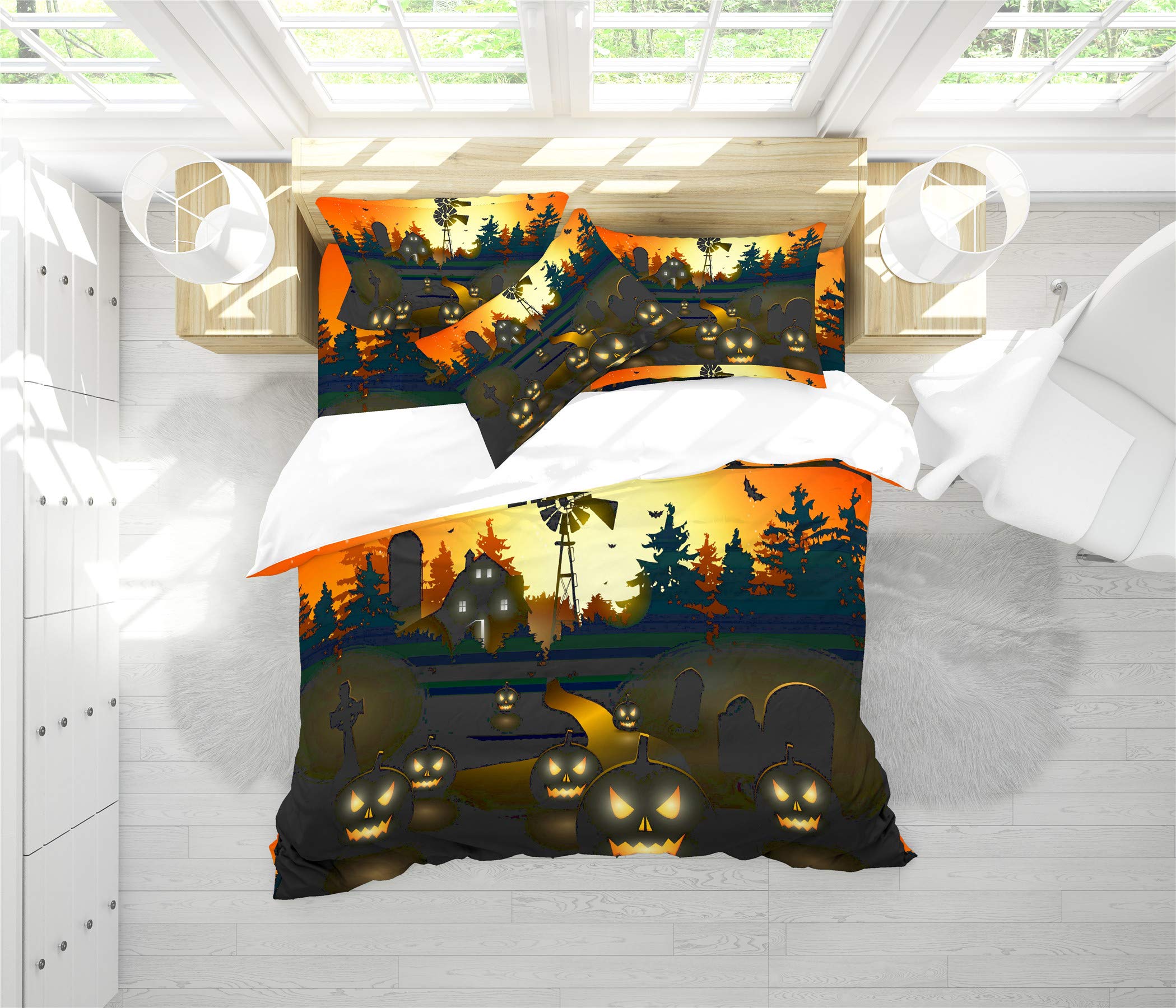 Moon Graveyard Duvet Cover Set - Halloween Bedding for Twin, Full, Queen & King Size Beds | 3-4 Piece Set with Duvet Cover & Pillow Shams (Queen Size, 4PCS) | Spooky Bedroom Decor for Halloween Parties & Themed Rooms