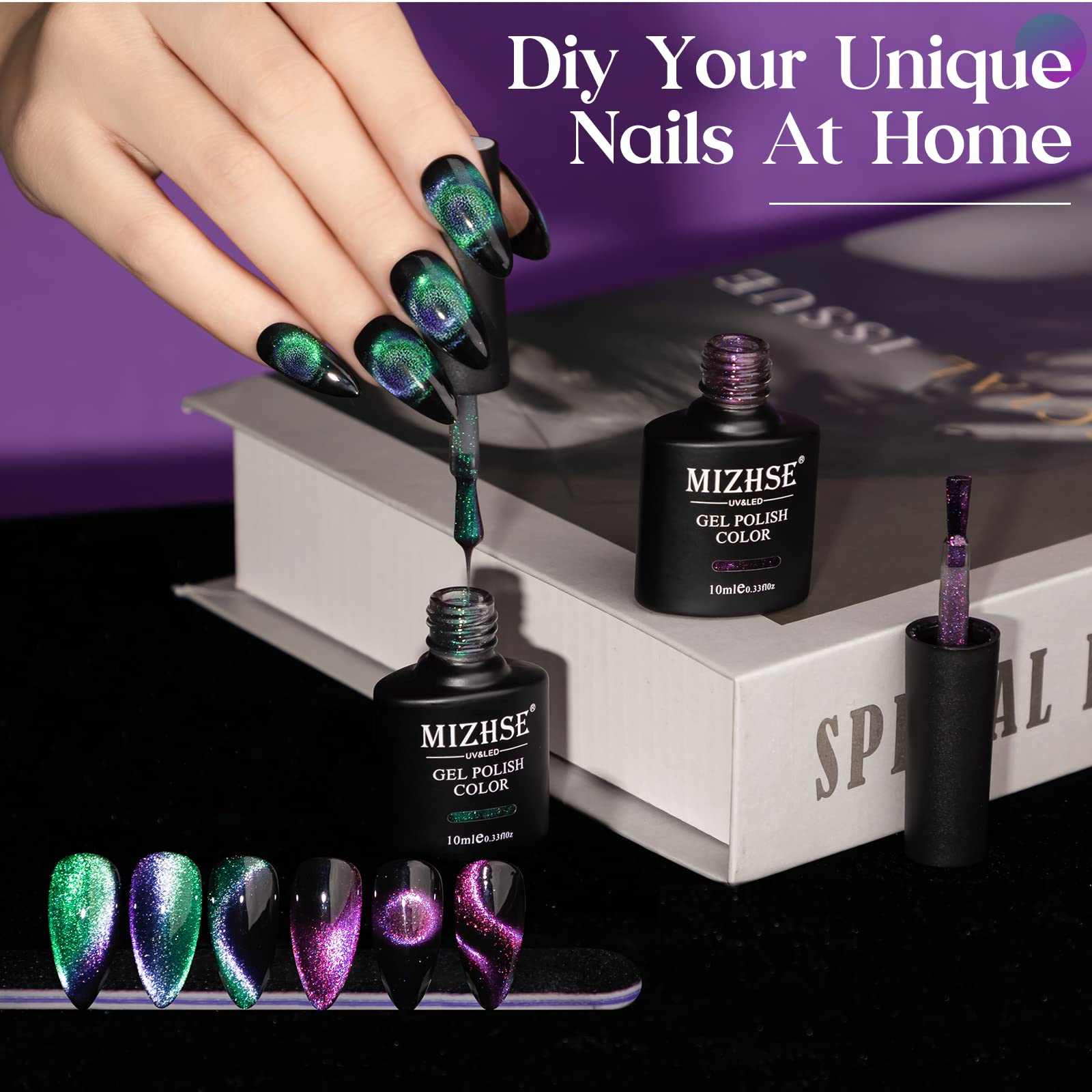 MIZHSE 9D Cat Eye Gel Nail Polish Set - 2 Colors (Cyan & Pink) Holographic Magnetic Nail Art Gel with Galaxy Effect - 10ML for Professional Salon & DIY Manicure at Home