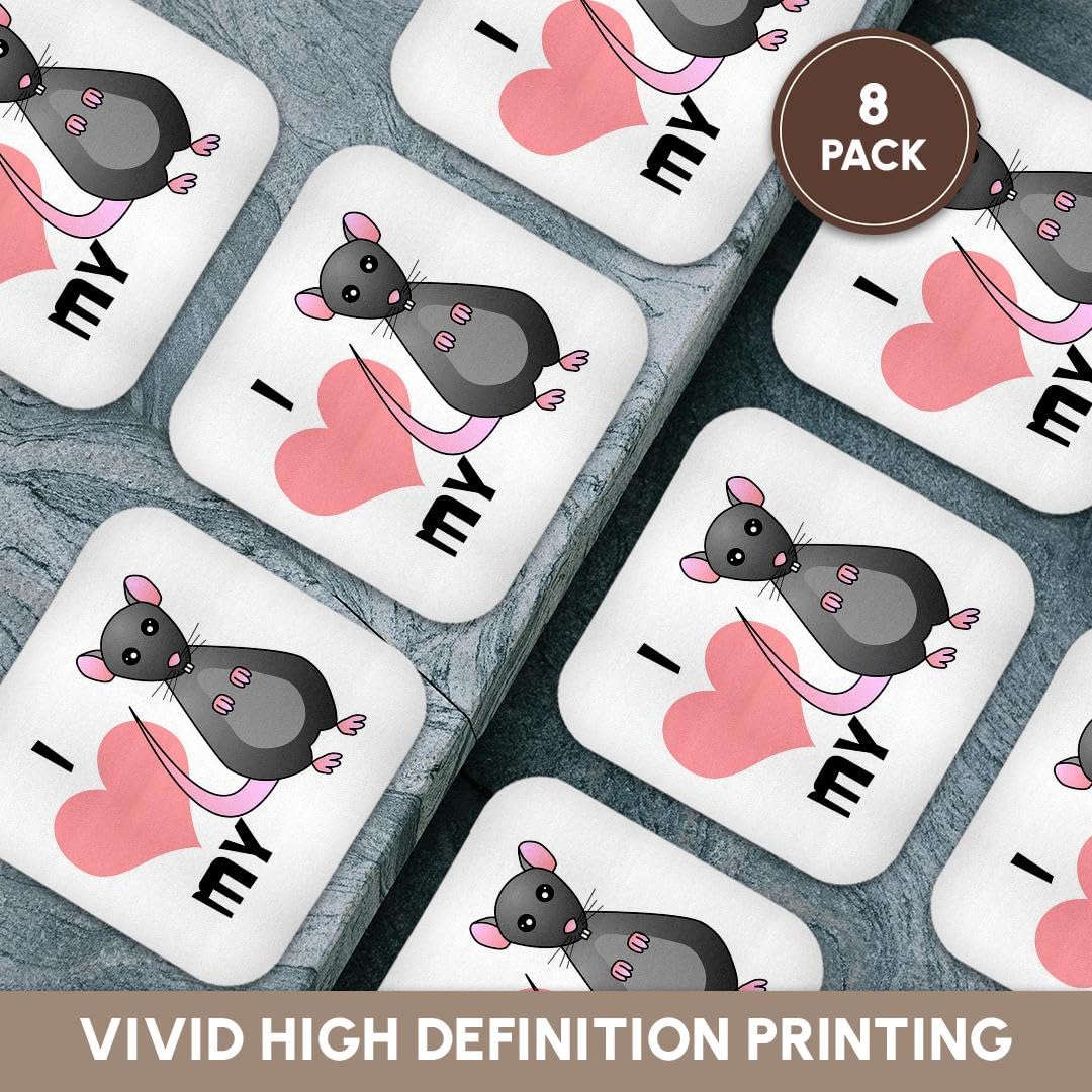 3D Rose Love My Rat Grey Soft Coasters Set of 8 - Absorbent Drink Coasters for Home, Office, or Bar Use