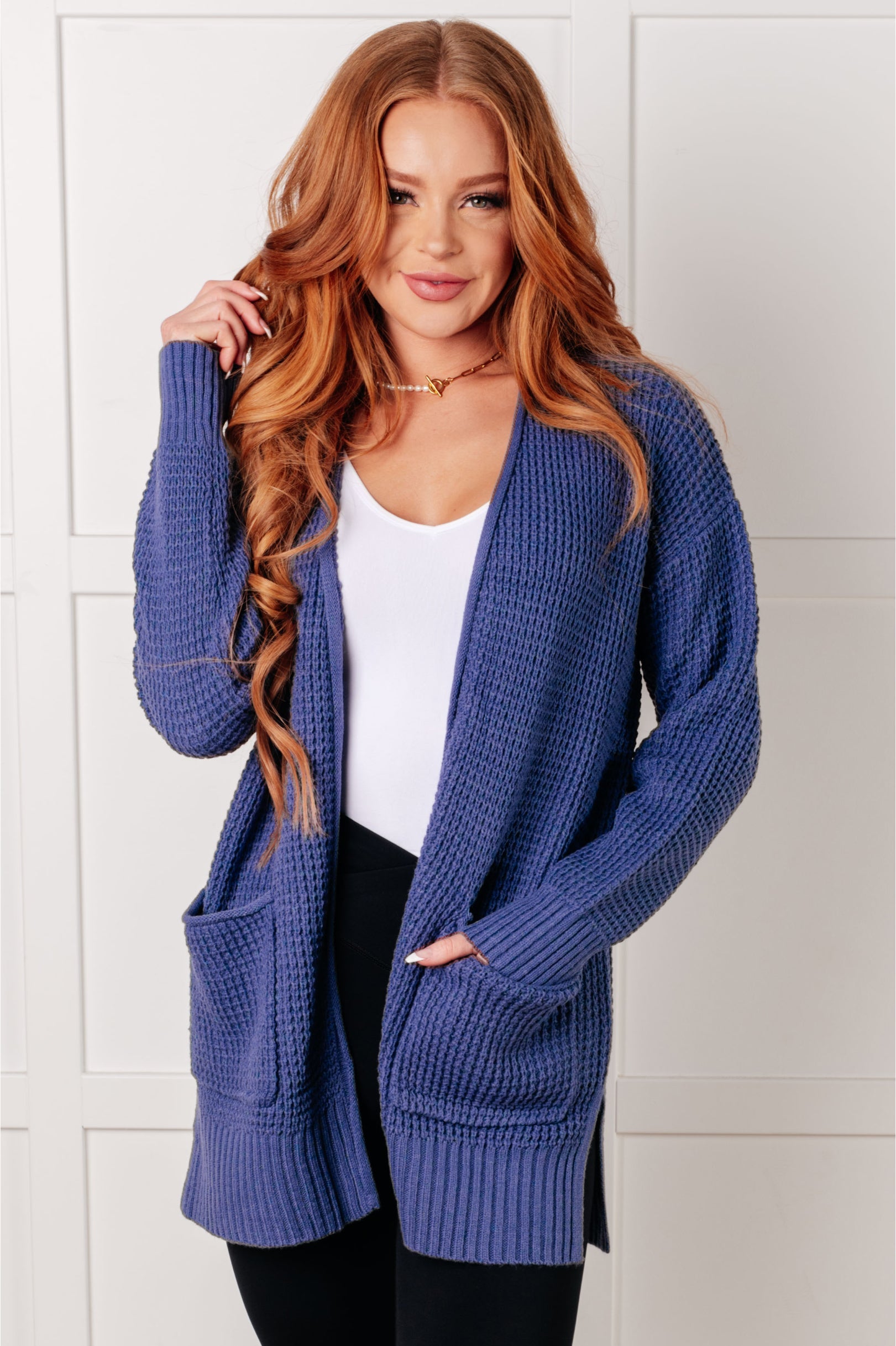 Everything Layer Waffle Knit Open Front Cardigan Sweater - Cozy Marlin Blue Long Sleeve Wrap Cardigan for Women | Perfect for Fall, Winter & Layering Outfits