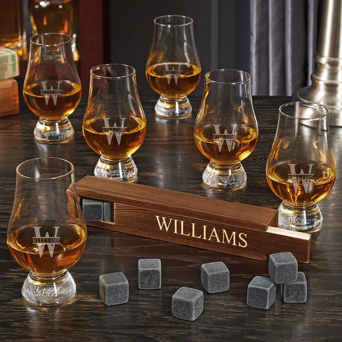 Personalized Engraved Whiskey Stone Set with 6 Glencairn Tasting Glasses - Ideal Gift for Whiskey Lovers, Bourbon Enthusiasts & Home Bars - Perfect for Chilling Whiskey Without Dilution, Dinner Parties & Special Occasions