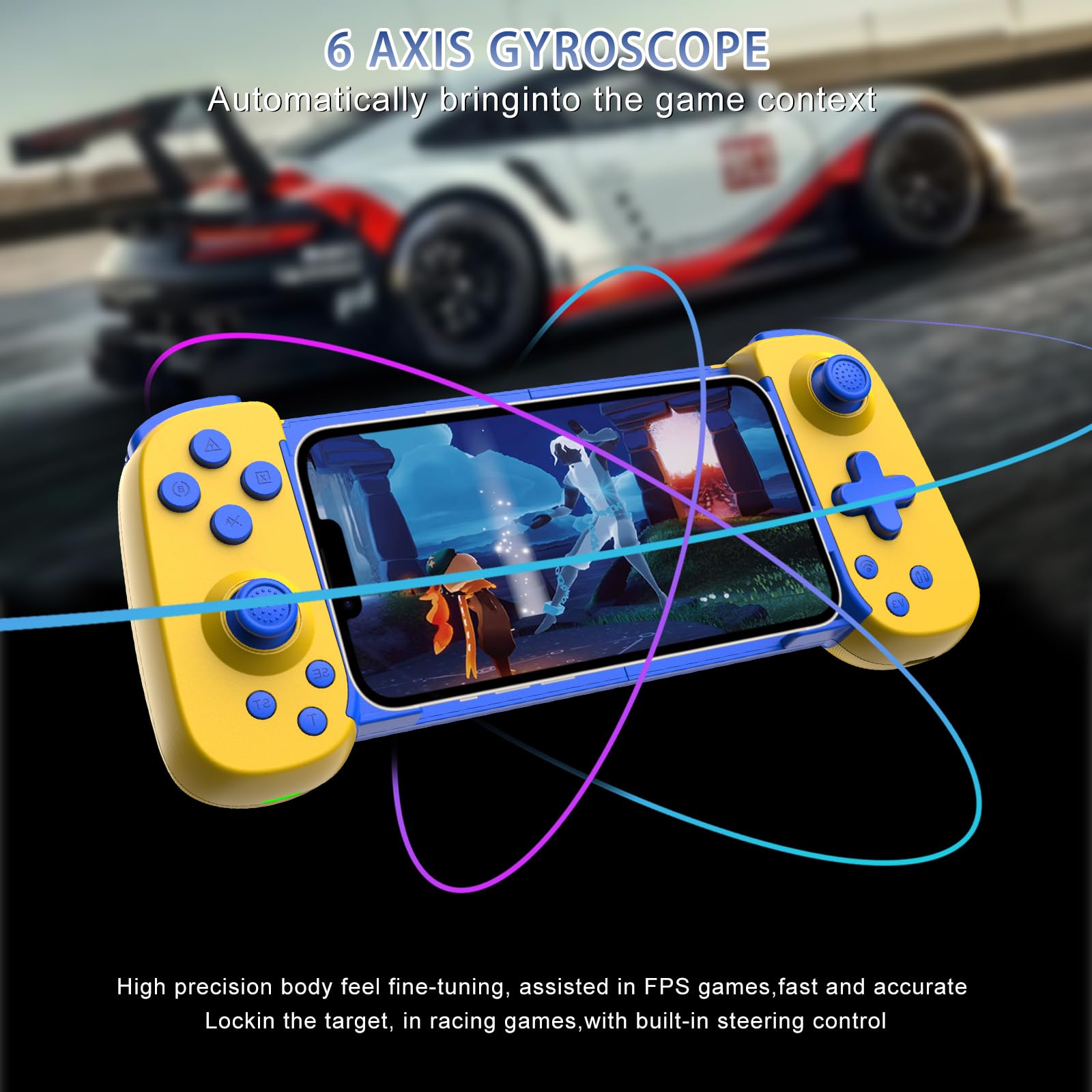 Wireless Gamepad for iPhone Android PC - Turbo Gyro Dual Motors - Gaming & Streaming on PS5 Xbox Switch - Yellow