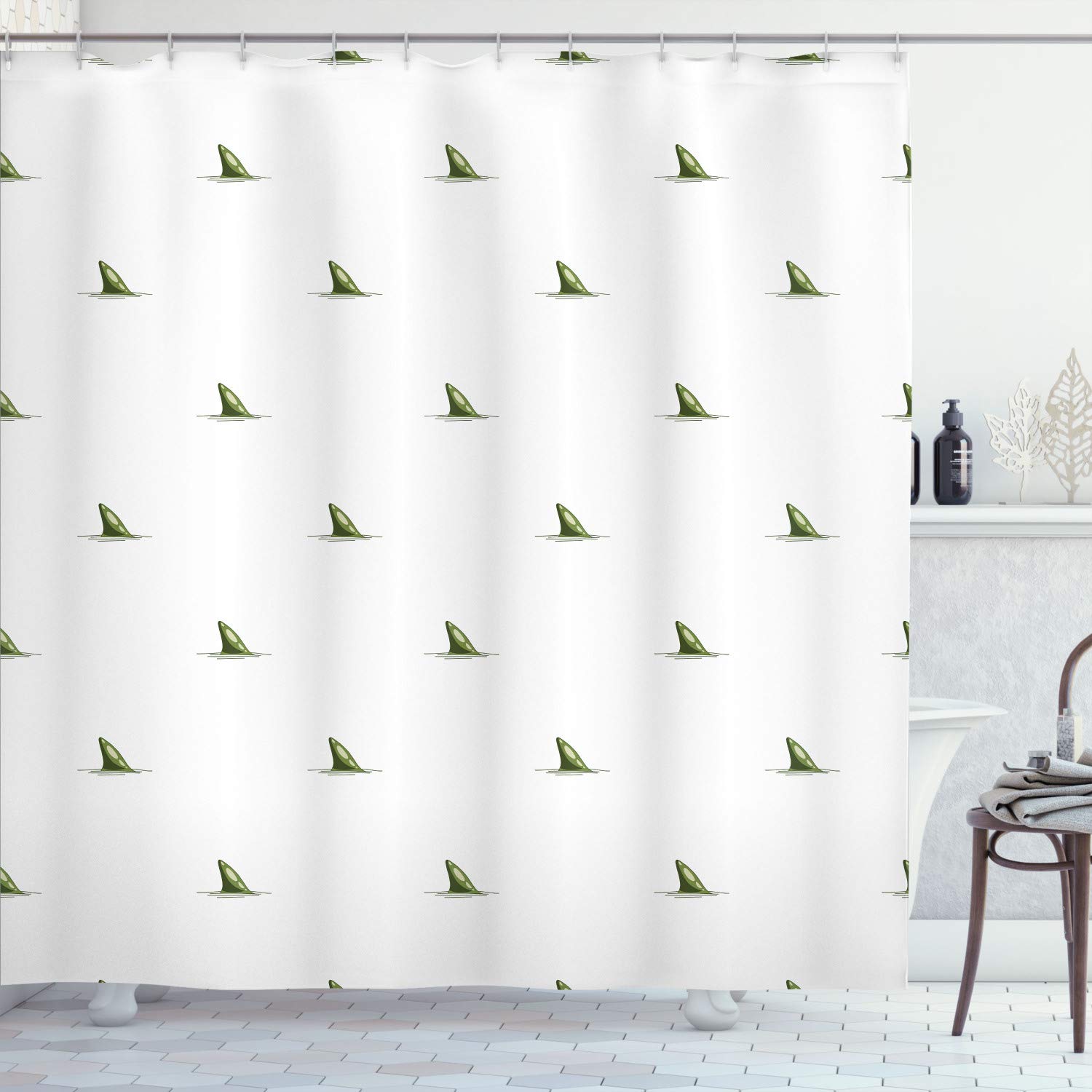 Ambesonne Sea Animals Shower Curtain - Shark Fins & Speedy Fish Hunting Minimalist Design, Olive Green Bathroom Decor Set with Hooks, 70