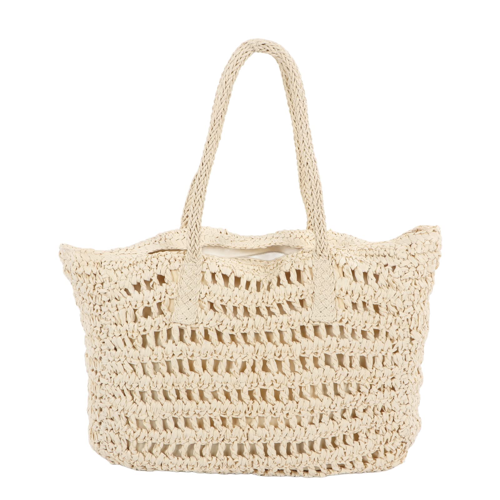Vintage Woven Straw Beach Tote Bag - Large Handwoven Summer Shoulder Bag with Zipper Inner Pocket (Beige) | Perfect for Beach Vacations, Picnics, and Summer Outings