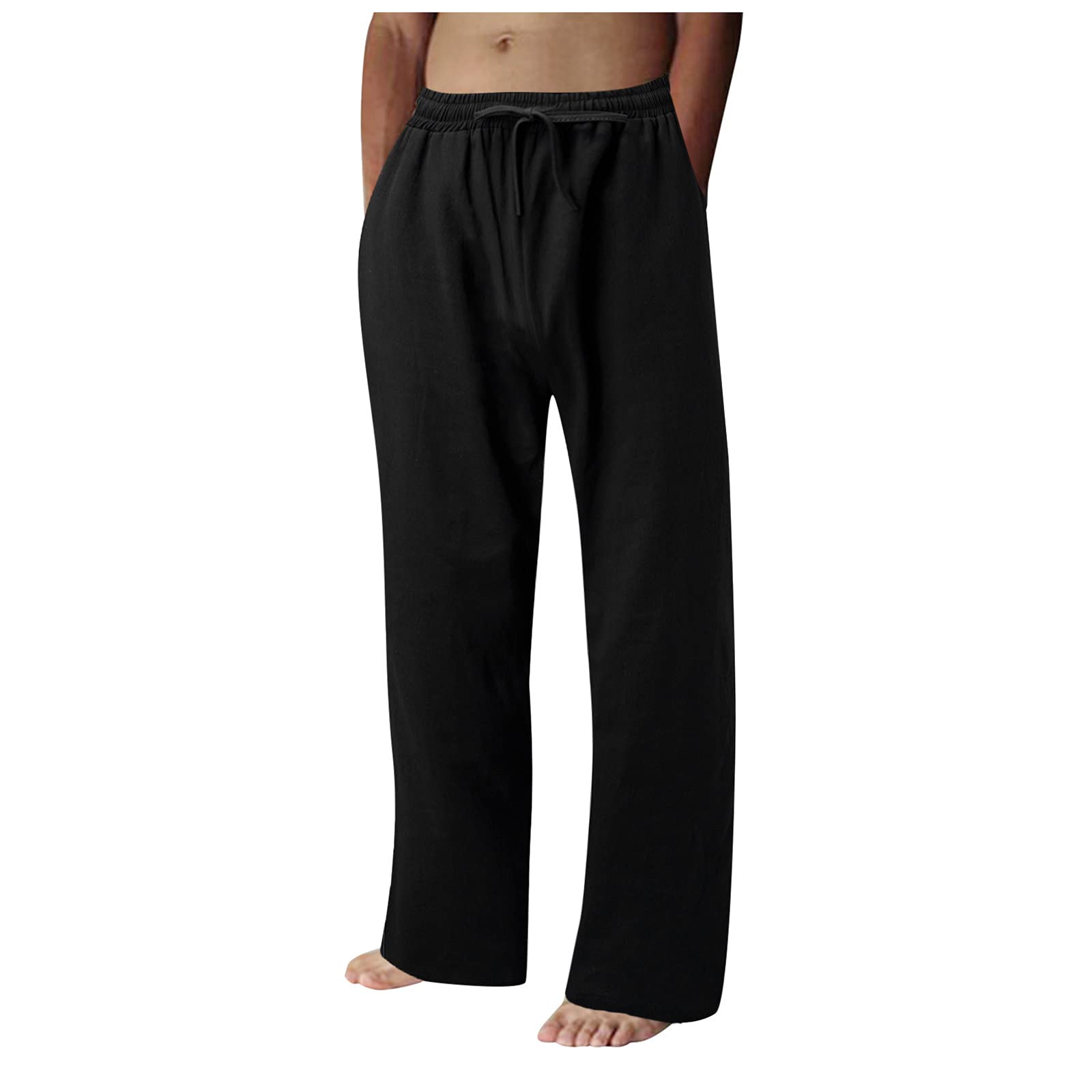 Men's Casual Cotton Lace-Up Trousers - Summer Solid Color Pants with Pockets | Perfect for Outdoor Activities, Travel & Daily Wear