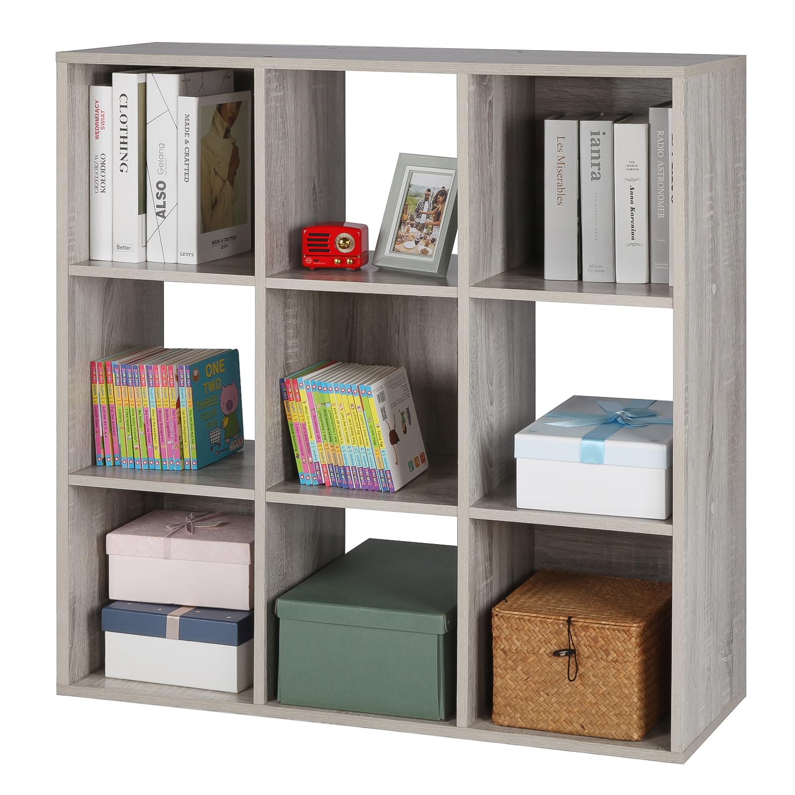 9-Cube Storage Organizer Bookshelf - Modular Shelf Unit for Closet, Living Room, Bedroom & Office - Space-Saving Oak Grey Cabinet with Storage Cubes - Perfect for Organizing Books, Toys, Shoes & Home Decor