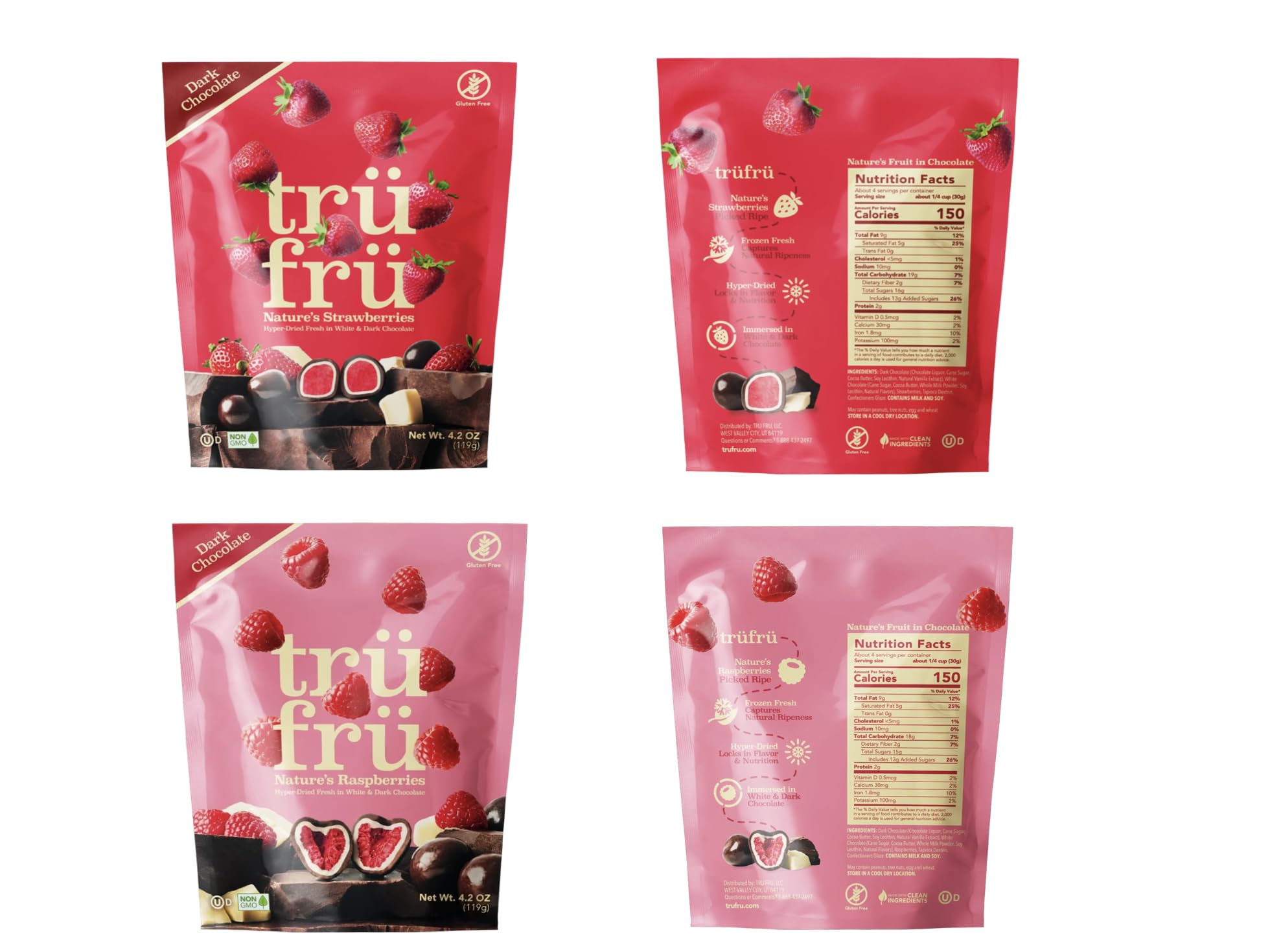 Tru Fru Chocolate Covered Freeze-Dried Fruit Variety Pack - 4.2 Oz Bags (4 Pack) with Strawberries, Raspberries, Blueberry Creme & Strawberry Creme | Healthy Snacks for Office, School & Movie Nights