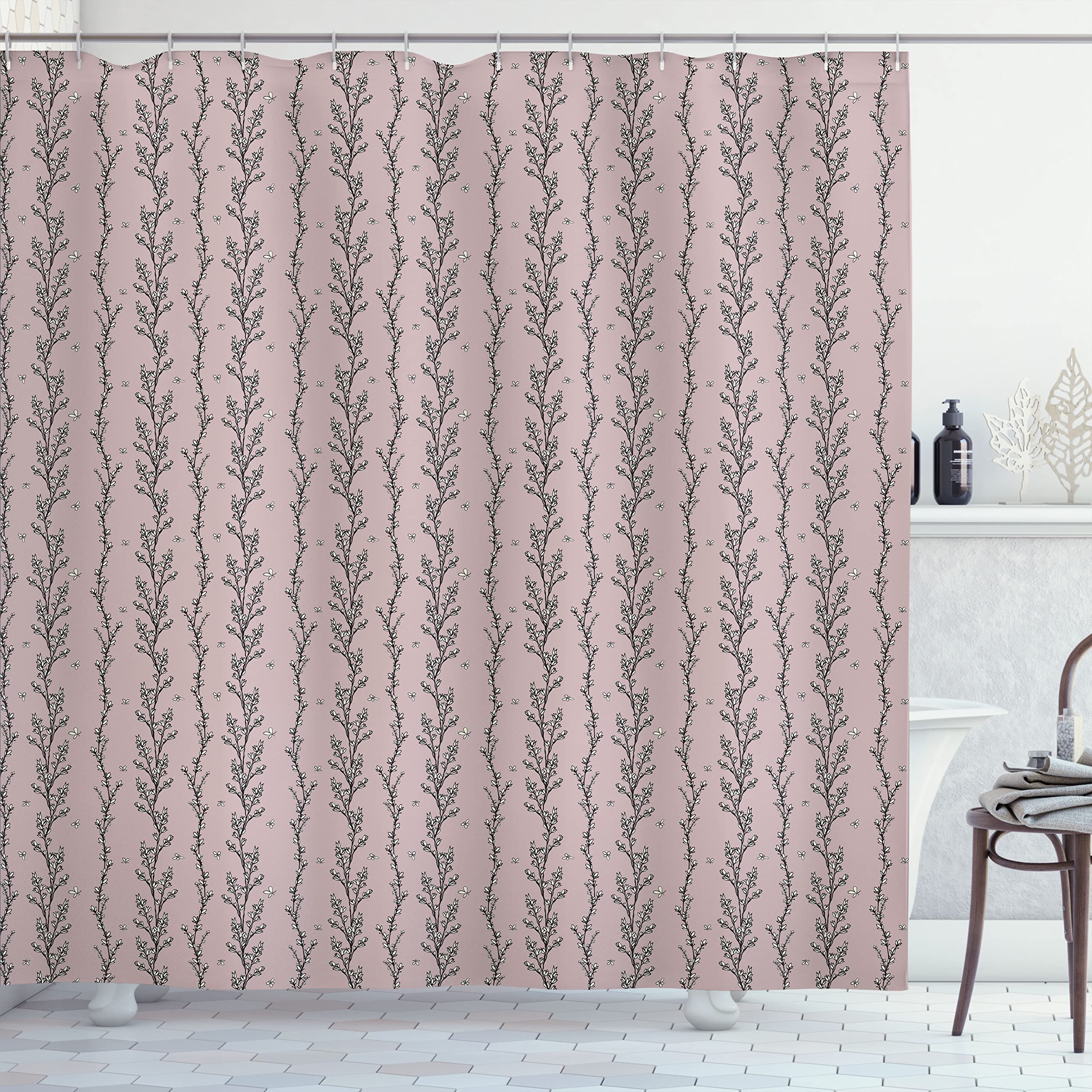 Ambesonne Floral Shower Curtain - Waterproof Fabric Bathroom Decor with Hooks, 69x70 Inches, Pale Grey & Charcoal Grey - Elegant Budding Flowers Design for Modern Bathrooms, Perfect for Home Spa & Relaxation