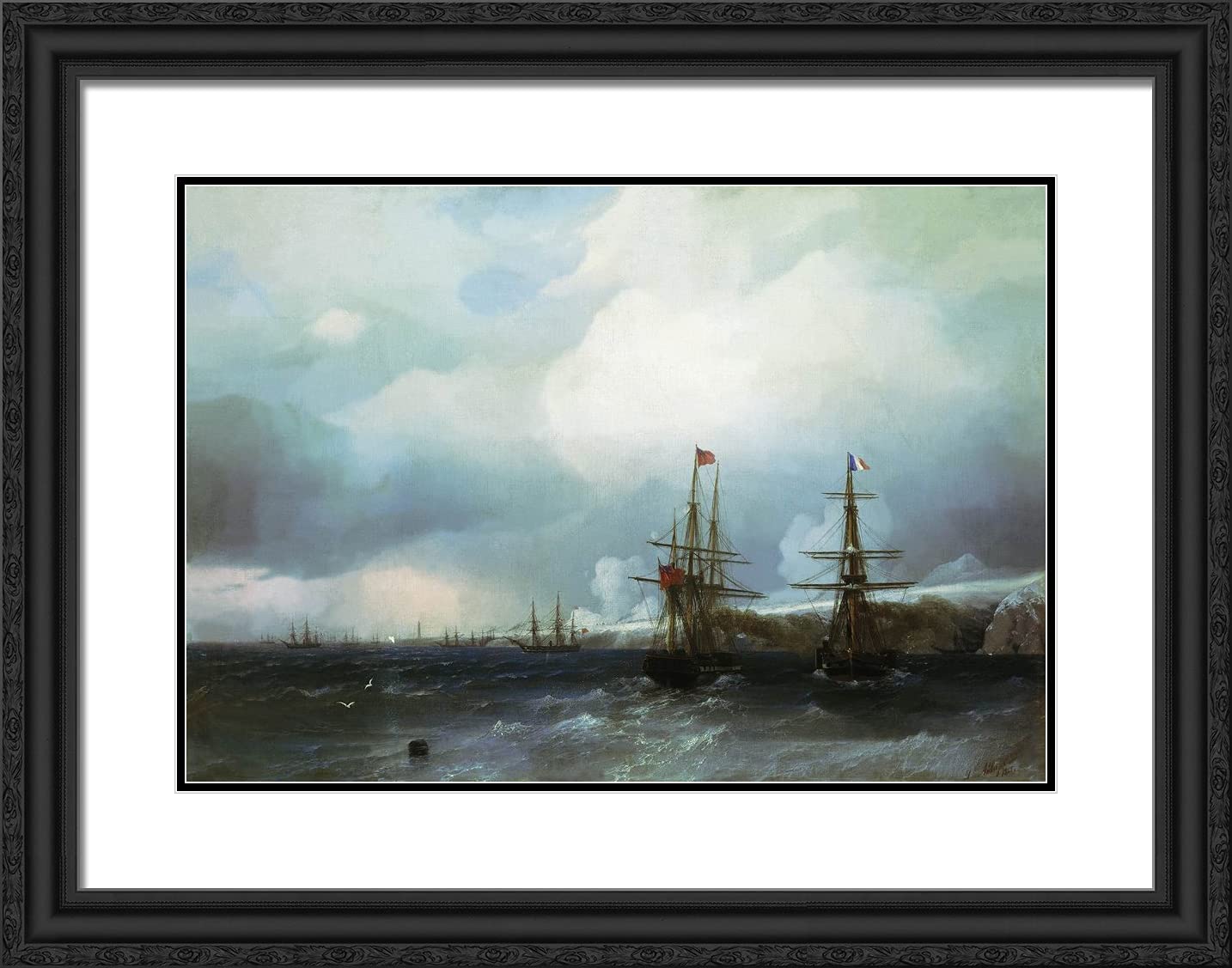 ArtDirect Aivazovsky Ivan 'The Capture of Sevastopol' 24x19 Black Ornate Framed Art Print with Double Matting - Premium Wall Decor for Living Room, Office & Gallery Display